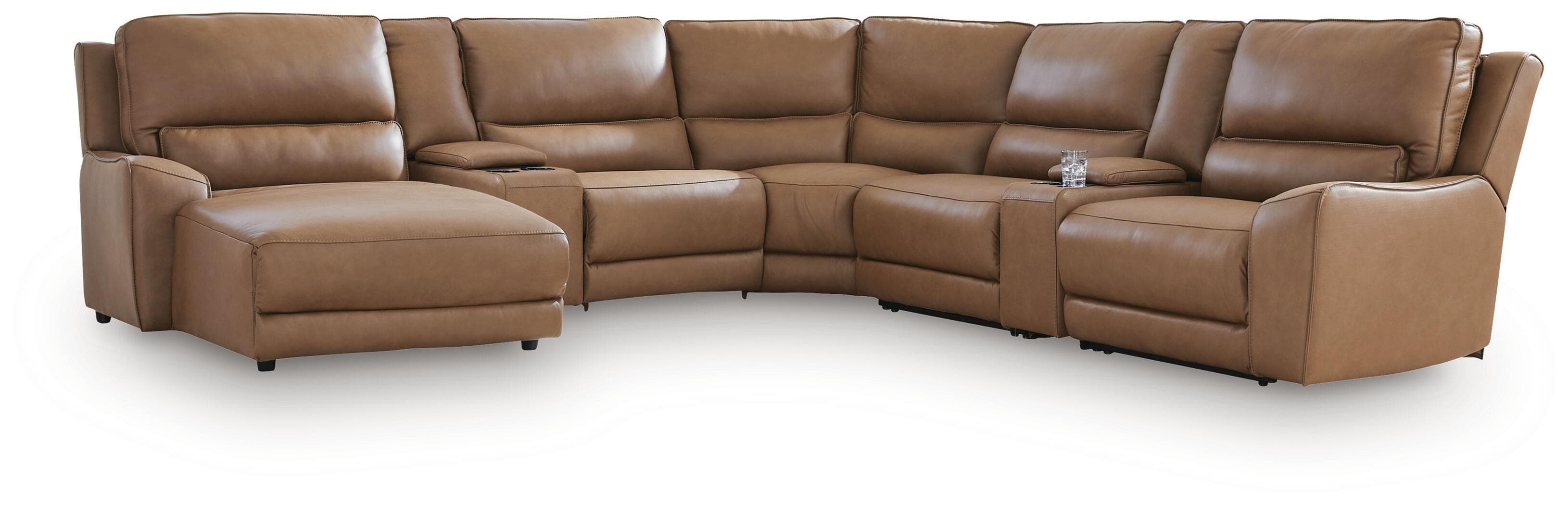 7-Piece Power Reclining Sectional With LAF Press Back Power Chaise And 2 Storage Consoles · Caramel