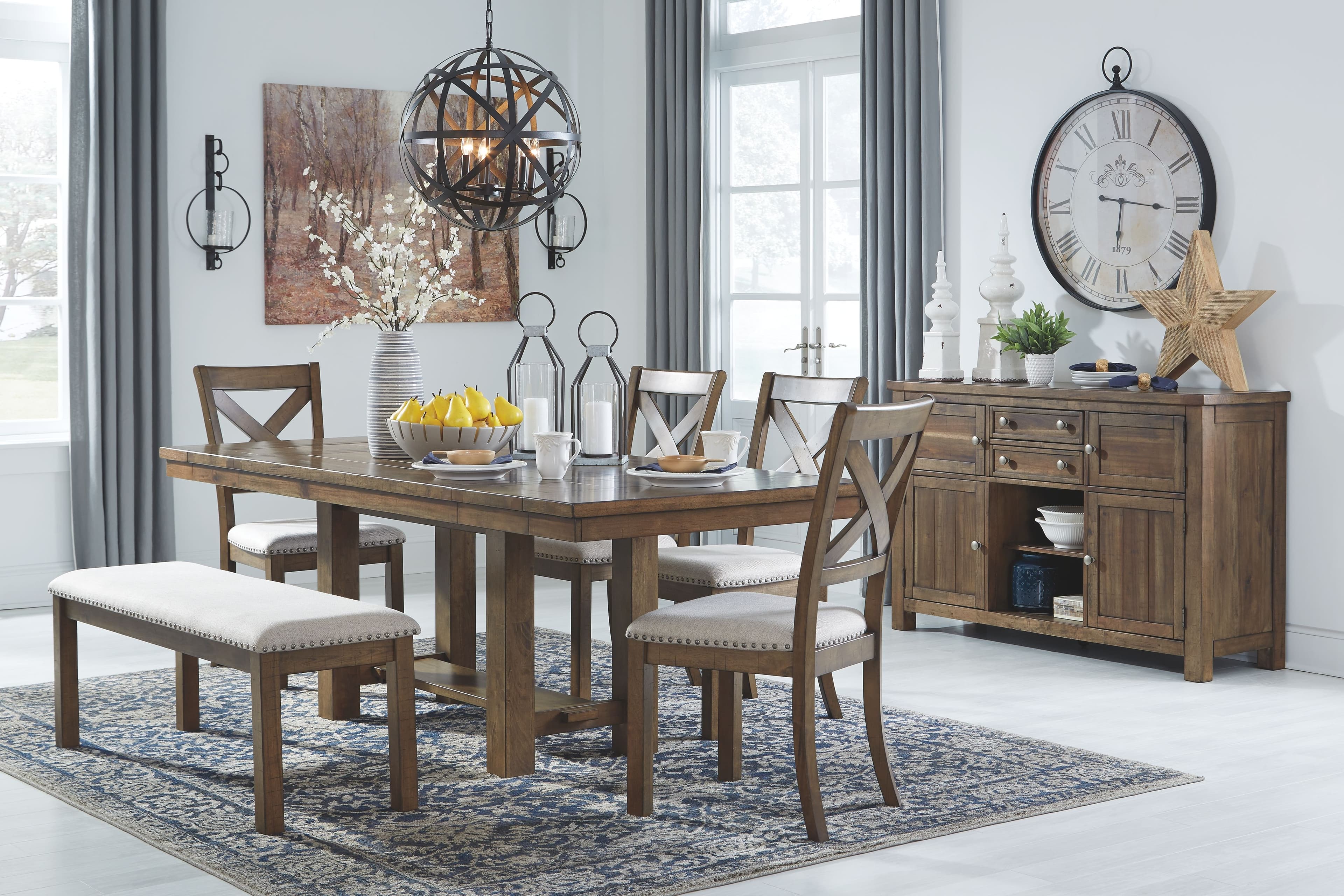 7 Pc. · Extension Table, 4 Side Chairs, Bench, Server