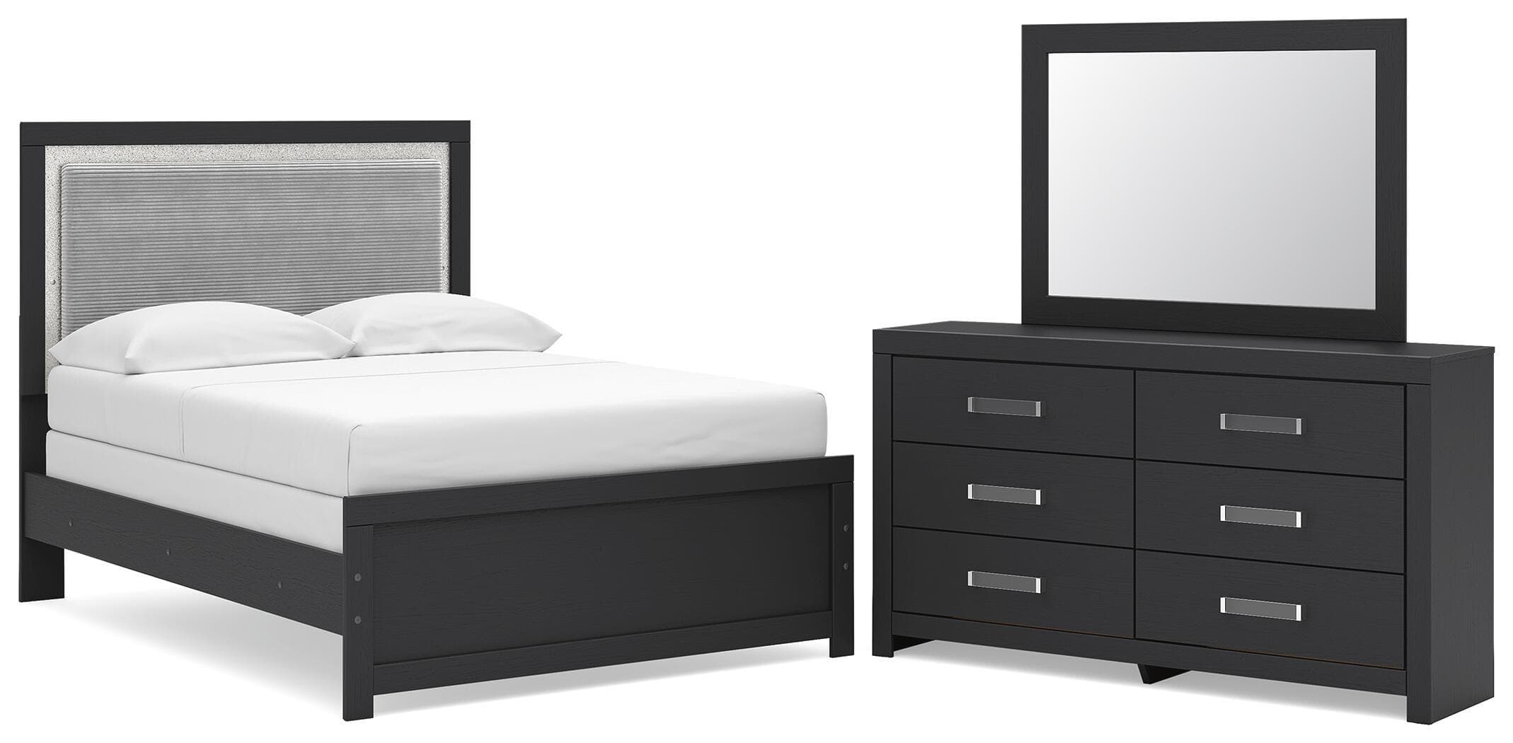 Maeling - 3 Pc. - Full Upholstered Panel Bed, Dresser And Mirror - Black