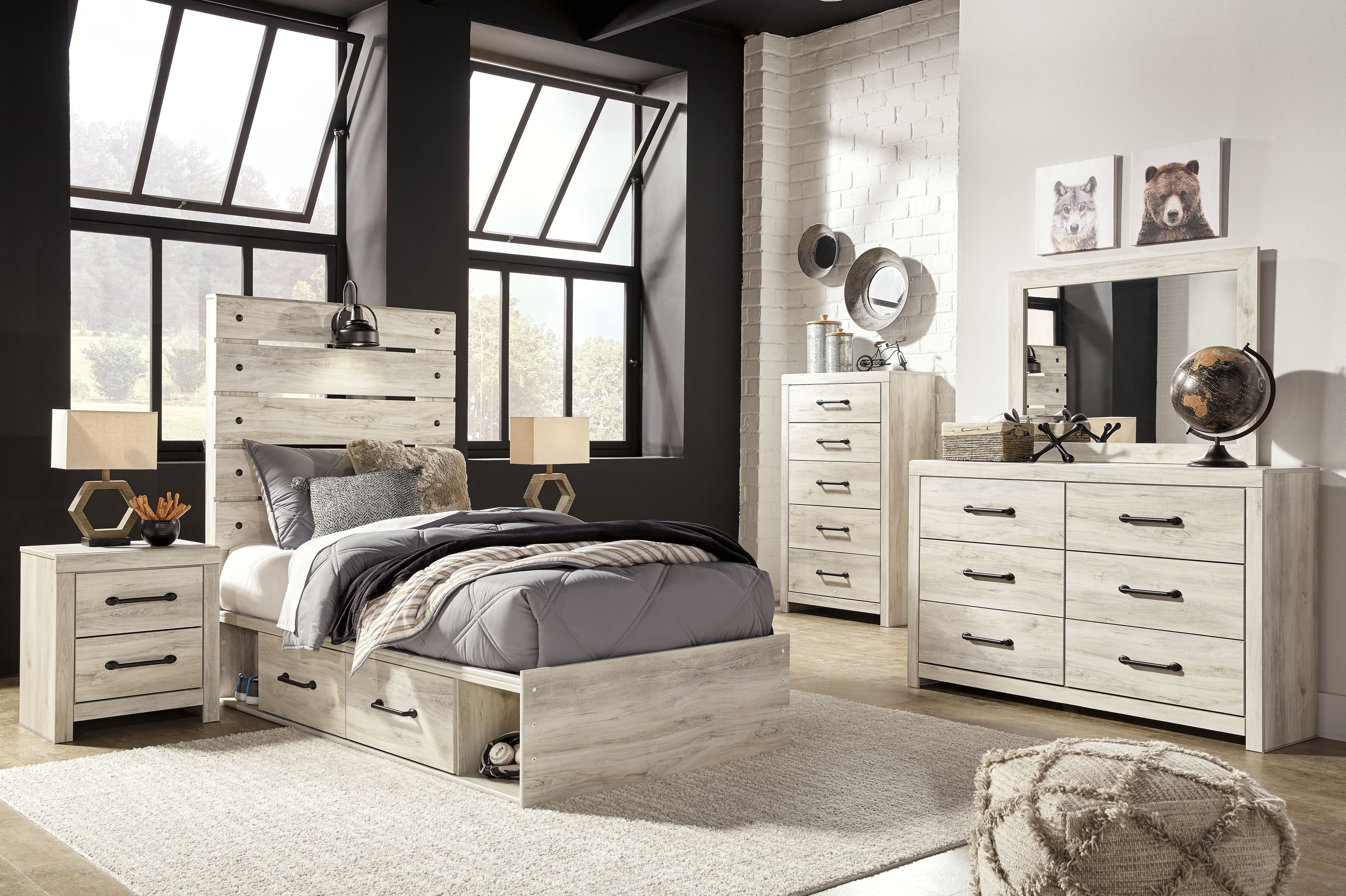 9 Pc. · Dresser, Mirror, Chest, Twin Panel Bed with Side Storage Drawers, 2 Nightstands
