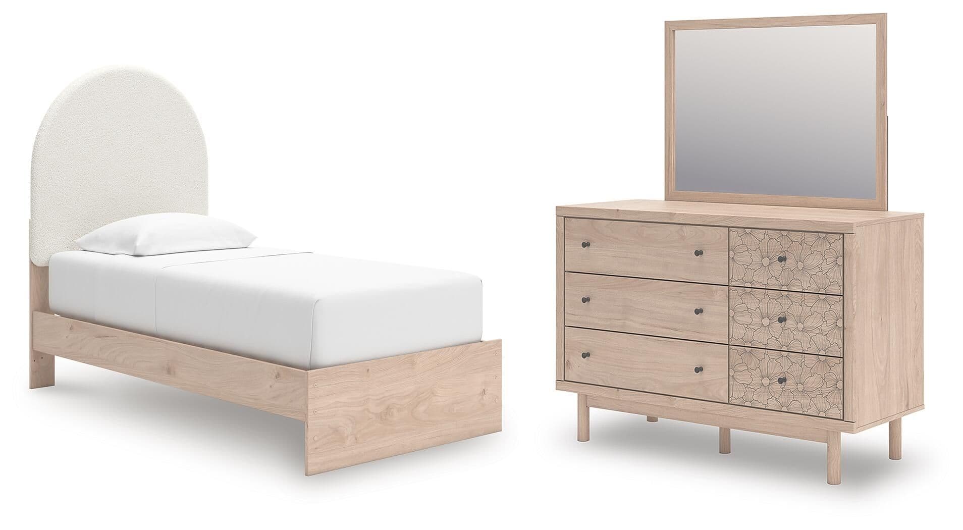 Twin Upholstered Panel Bed, Dresser And Mirror