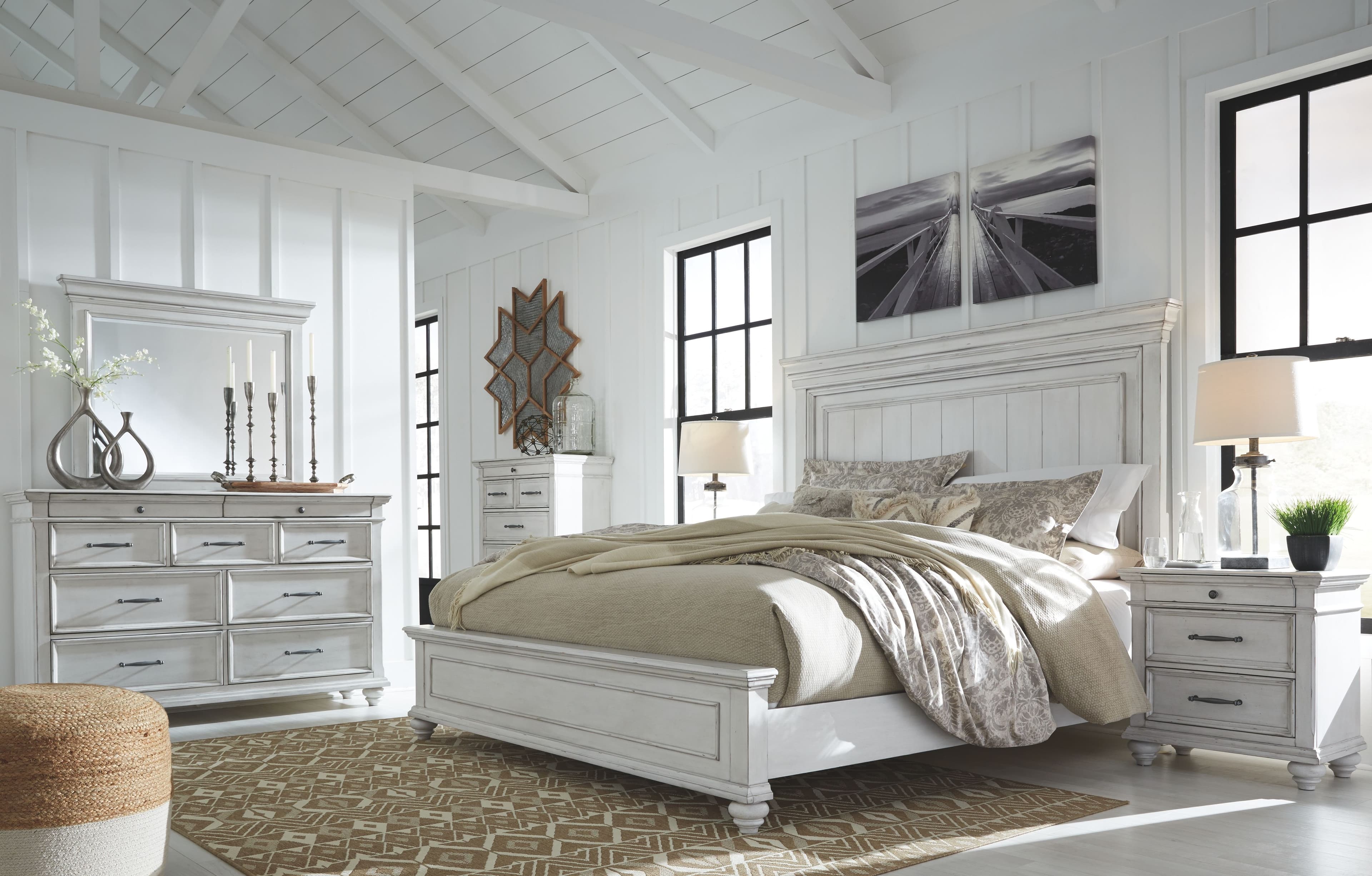 Kanwyn - 6 Pc. - Dresser, Mirror, Chest, Queen Panel Bed - Whitewash