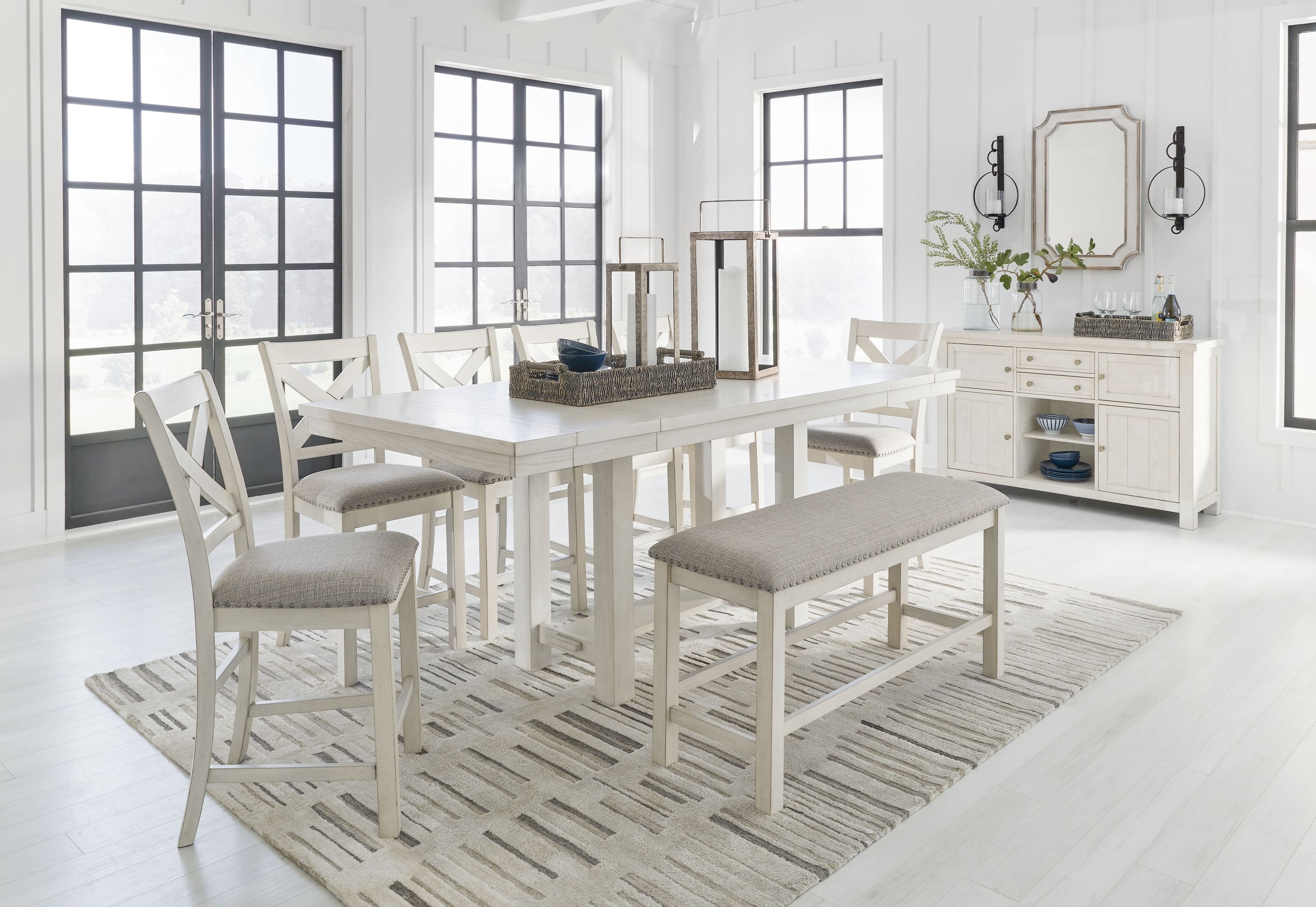 9 Pc. · Rectangular Counter Height Dining Extension Table, 6 Barstools, Bench, Server