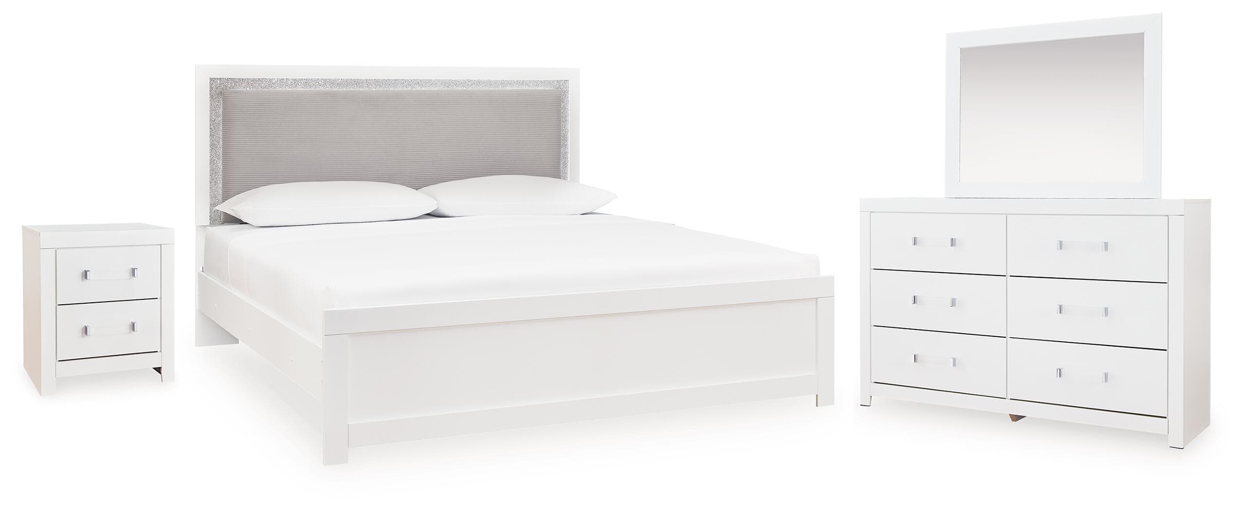 4 Pc. · Queen Upholstered Panel Bed, Dresser, Mirror And Nightstand · White