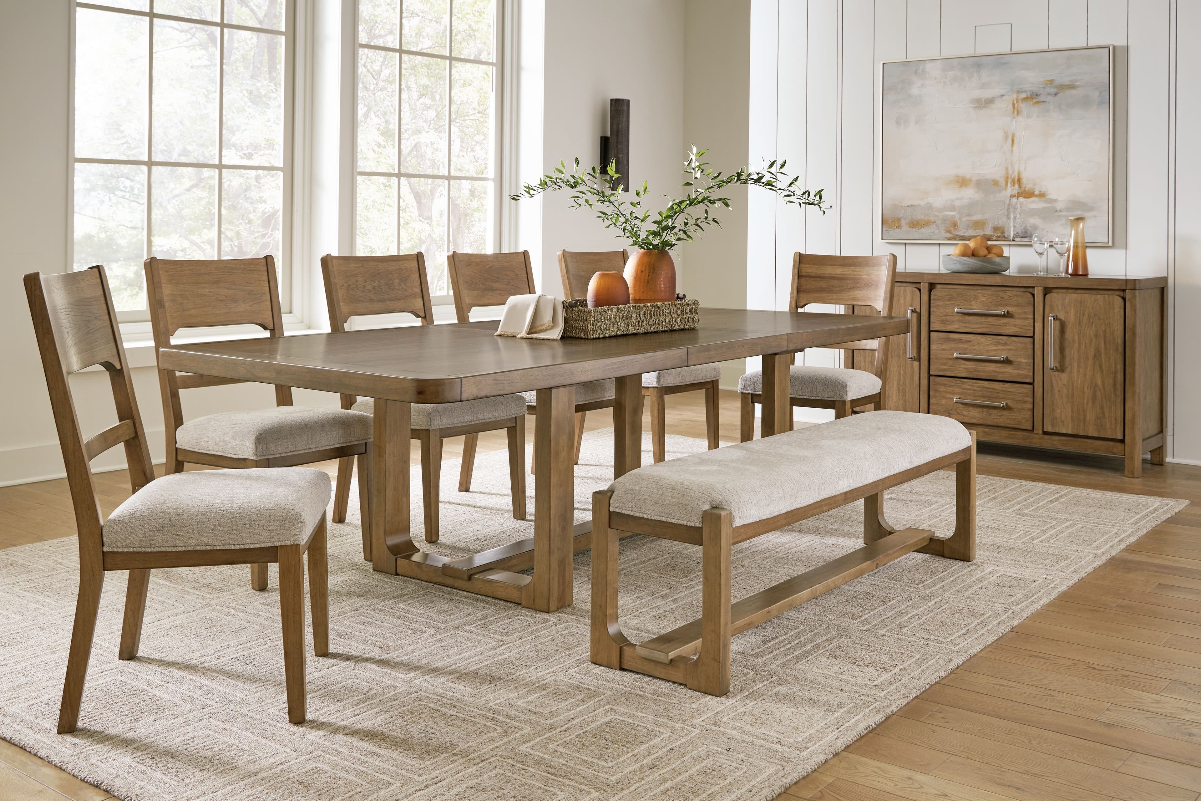 9 Pc. · Dining Room Table, 6 Side Chairs, Bench, Server