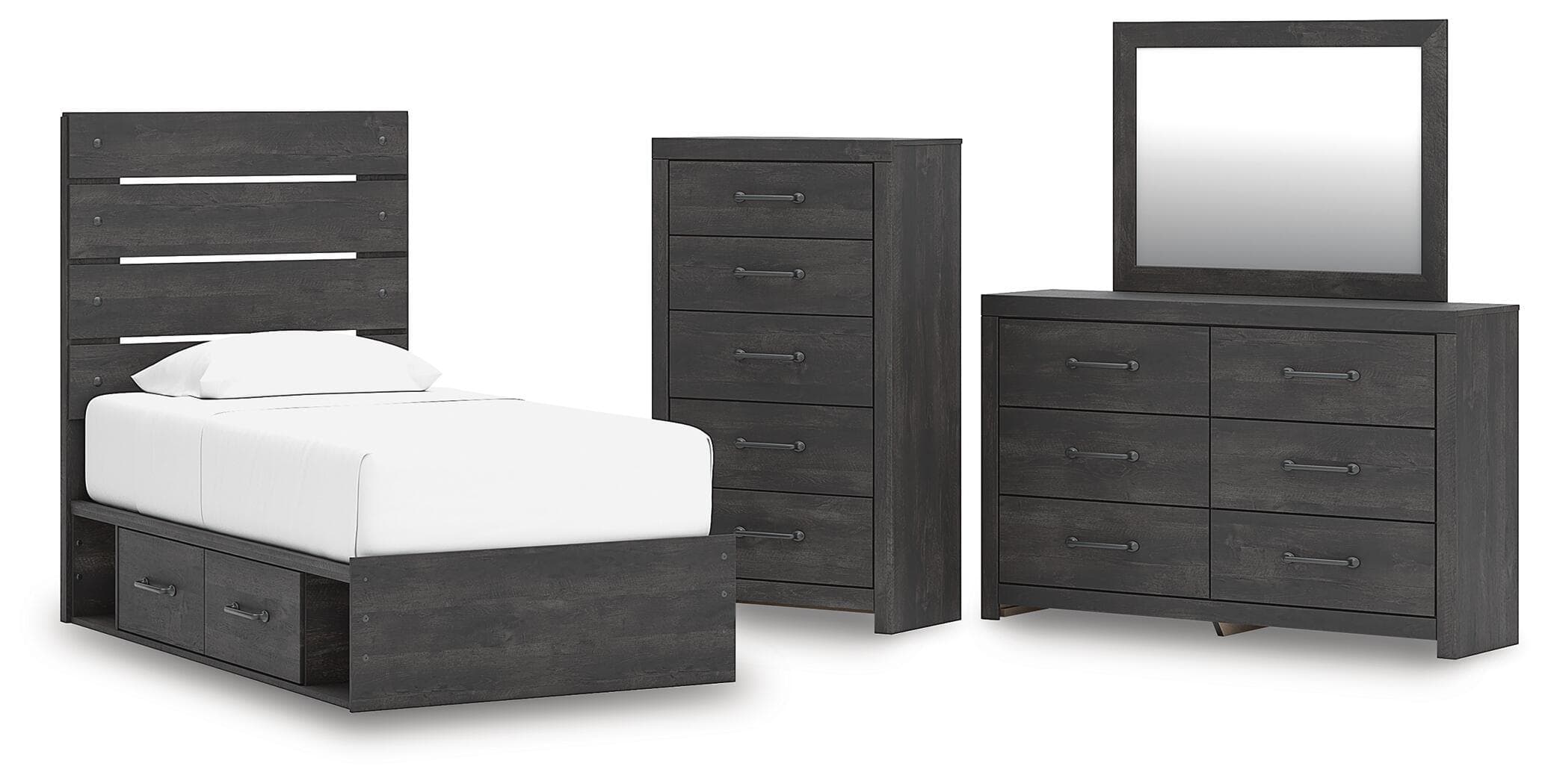 Hollivern - 4 Pc. - Twin Panel Storage Bed, Dresser, Mirror And Chest - Dark Gray