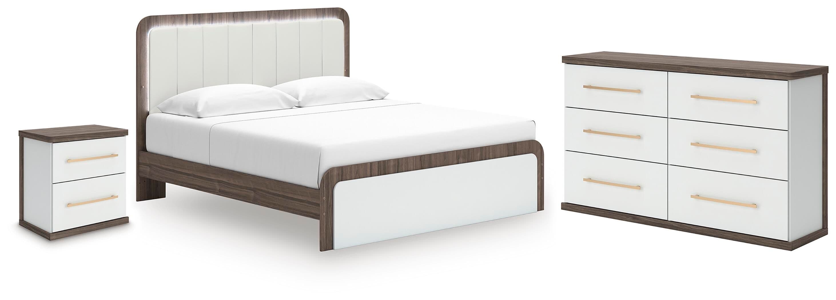 3 Pc. · King Upholstered Bed, Dresser And Nightstand · White / Brown