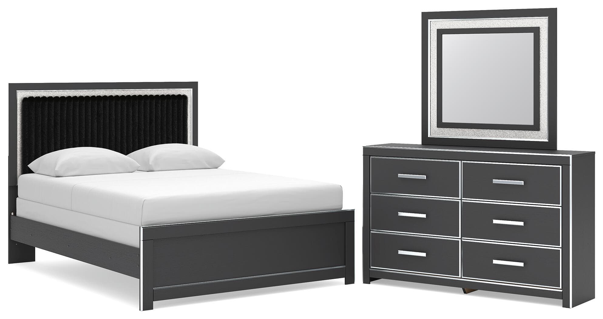 Zuraleus - 3 Pc. - Queen Upholstered Panel Bed, Dresser And Mirror - Black