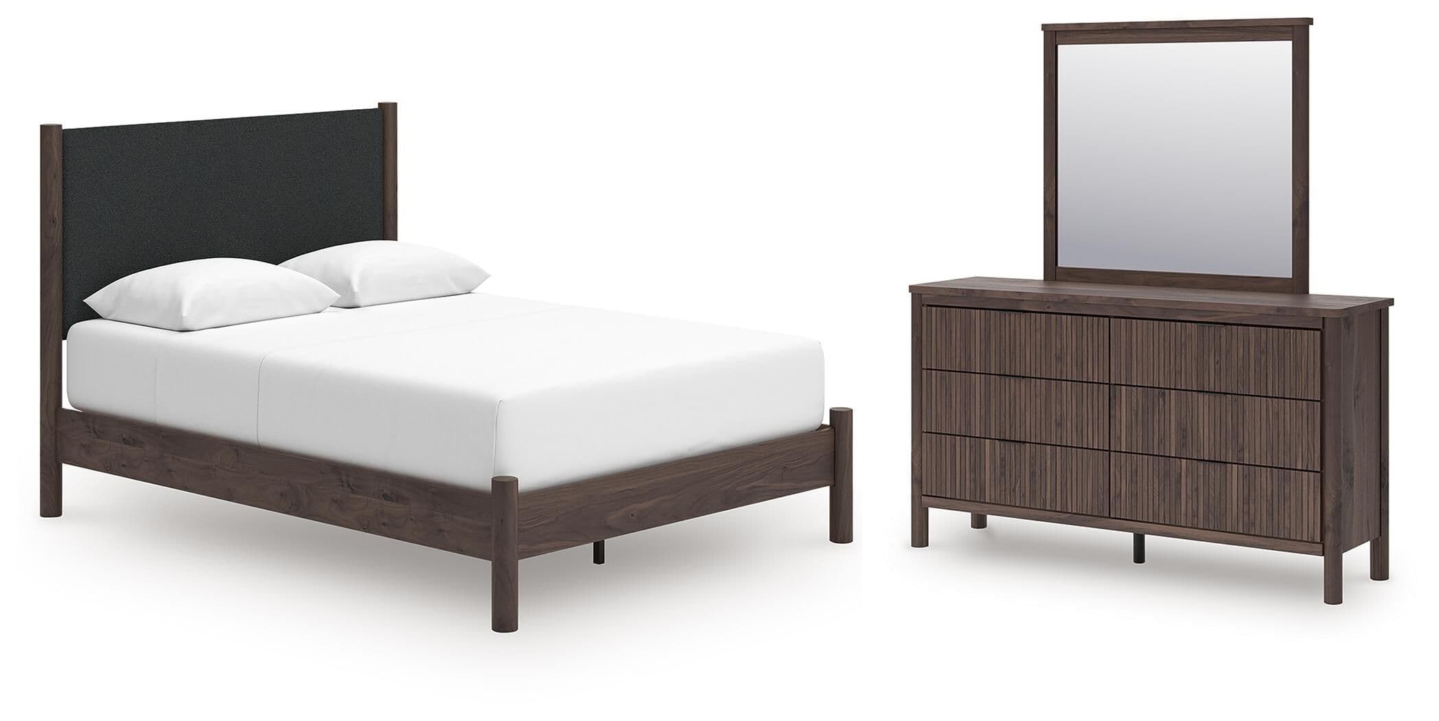 Queen Upholstered Platform Bed, Dresser And Mirror