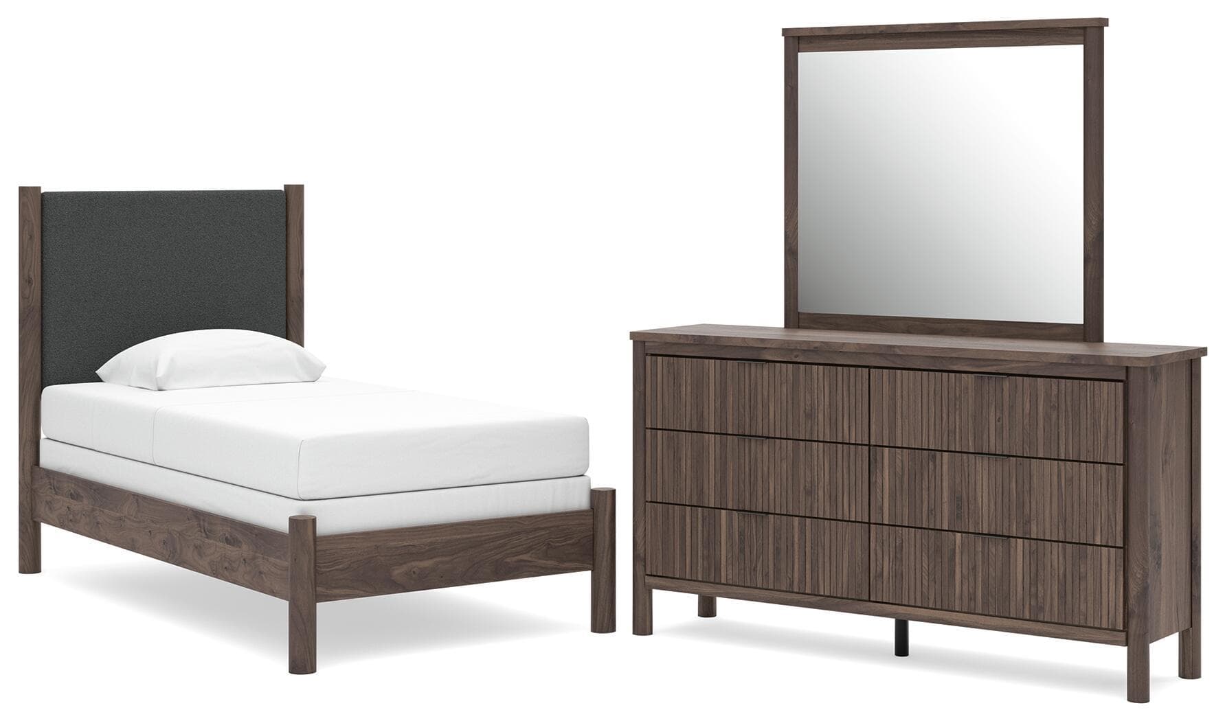 Pamytta - 3 Pc. - Twin Upholstered Panel Bed, Dresser And Mirror - Brown
