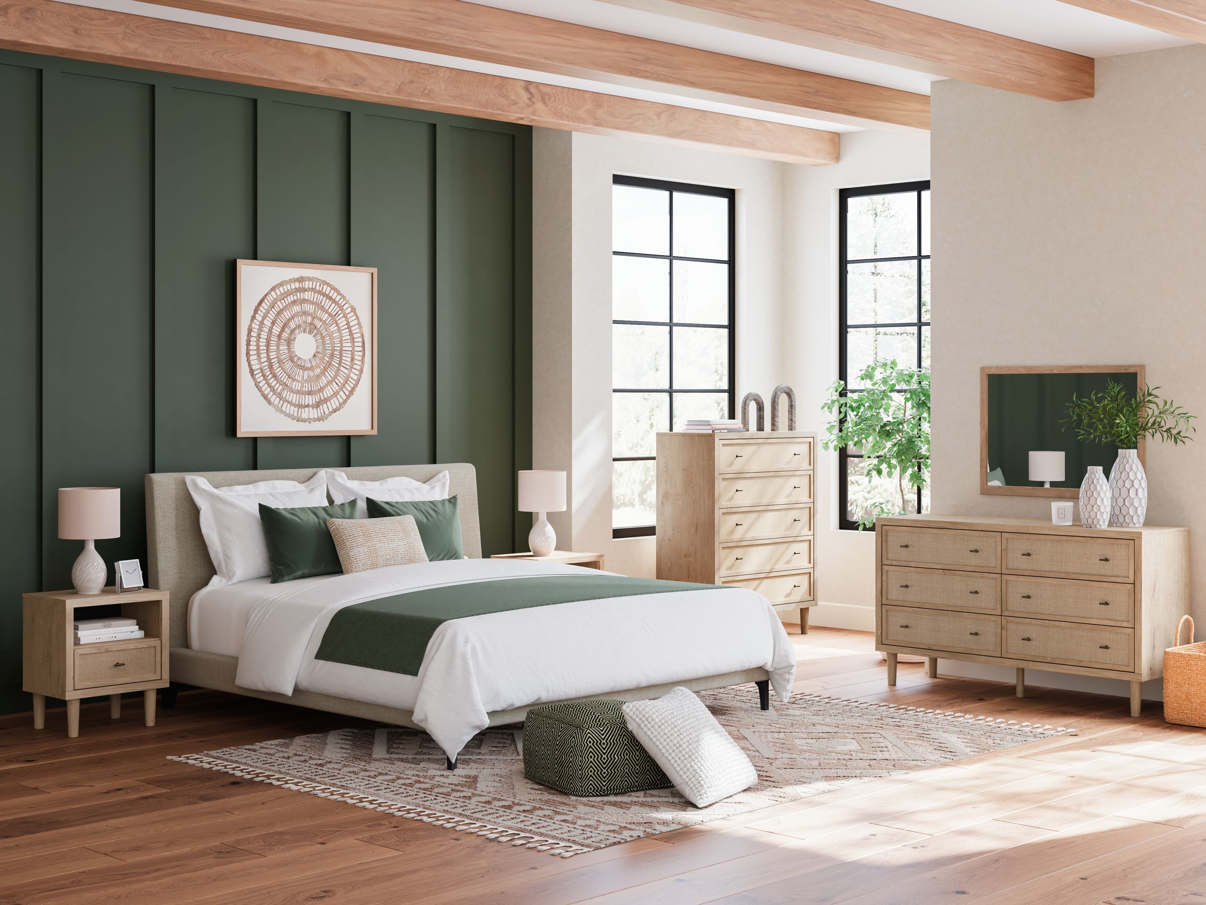 4 Pc. · Dresser, Mirror, Chest, California King Upholstered Bed With Roll Slats
