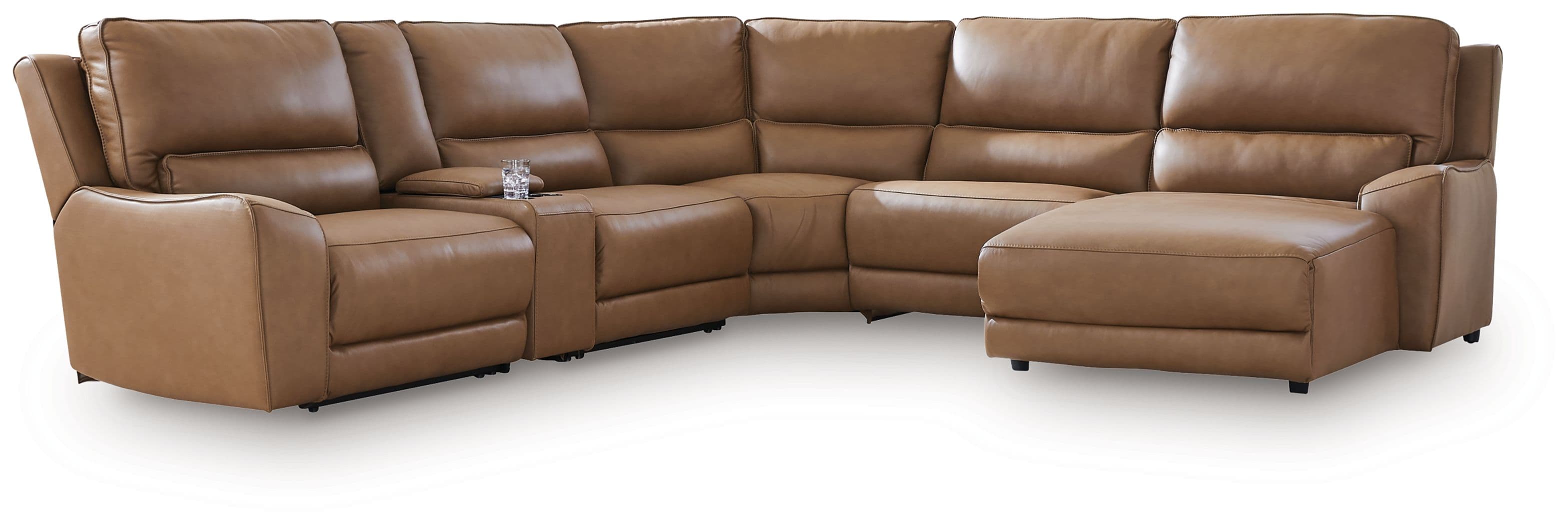 6-Piece Power Reclining Sectional With RAF Press Back Power Chaise And Storage Console · Caramel