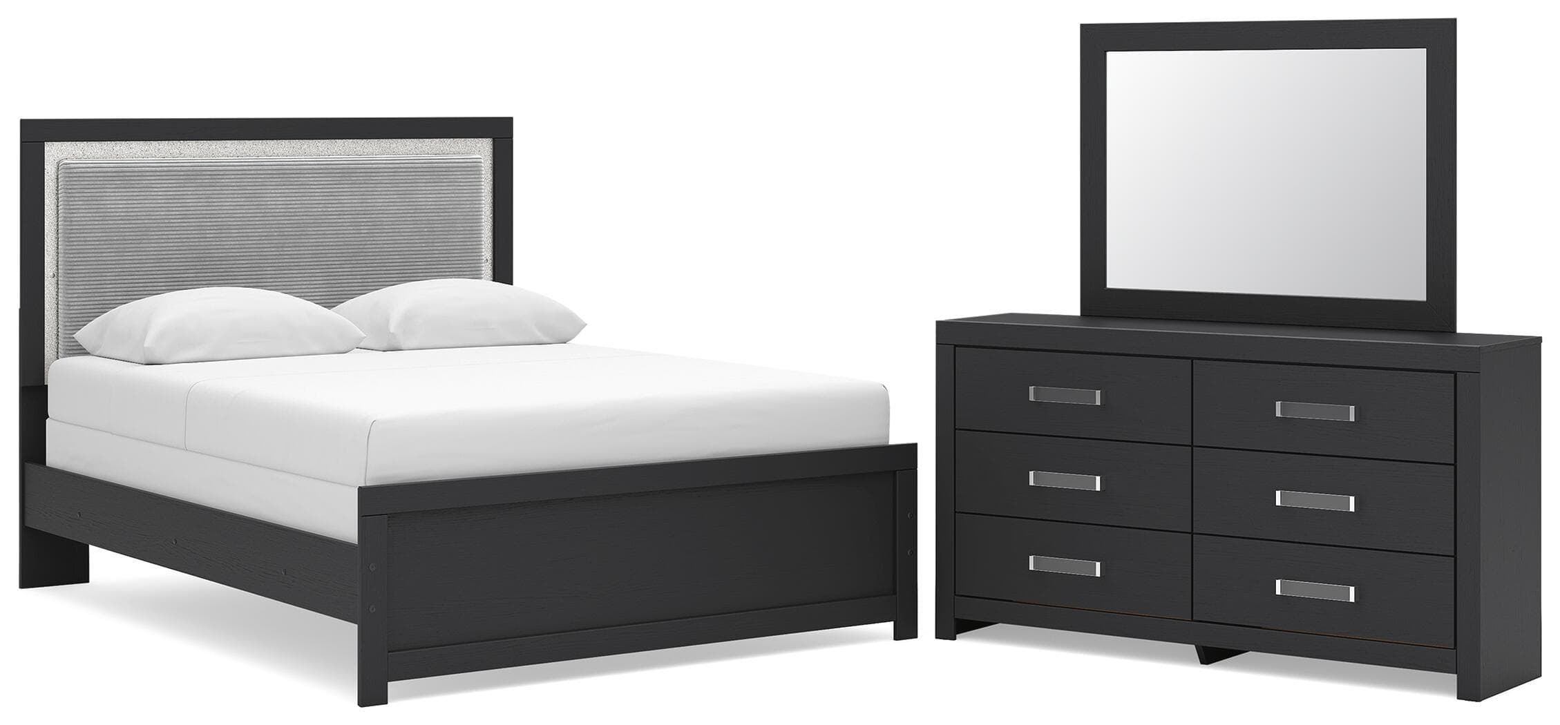 Maeling - 3 Pc. - Queen Upholstered Panel Bed, Dresser And Mirror - Black