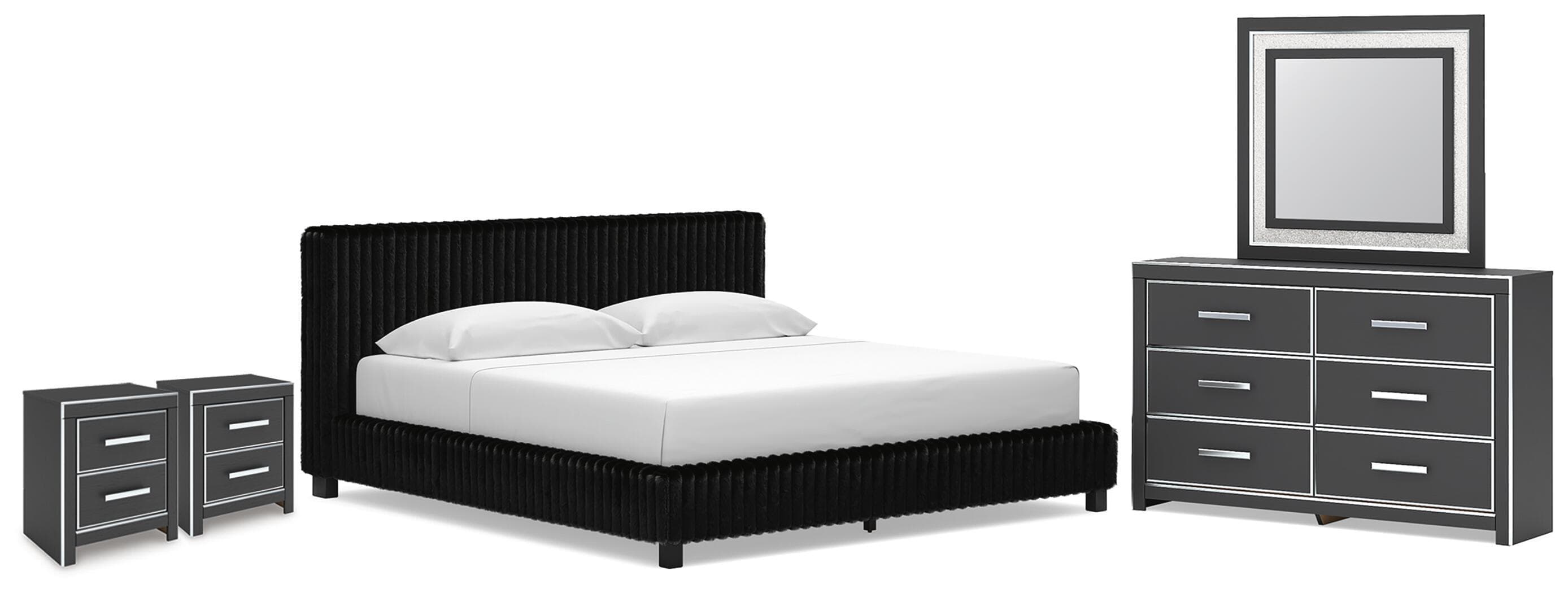 5 Pc. · King Upholstered Bed, Dresser, Mirror And 2 Nightstands · Black