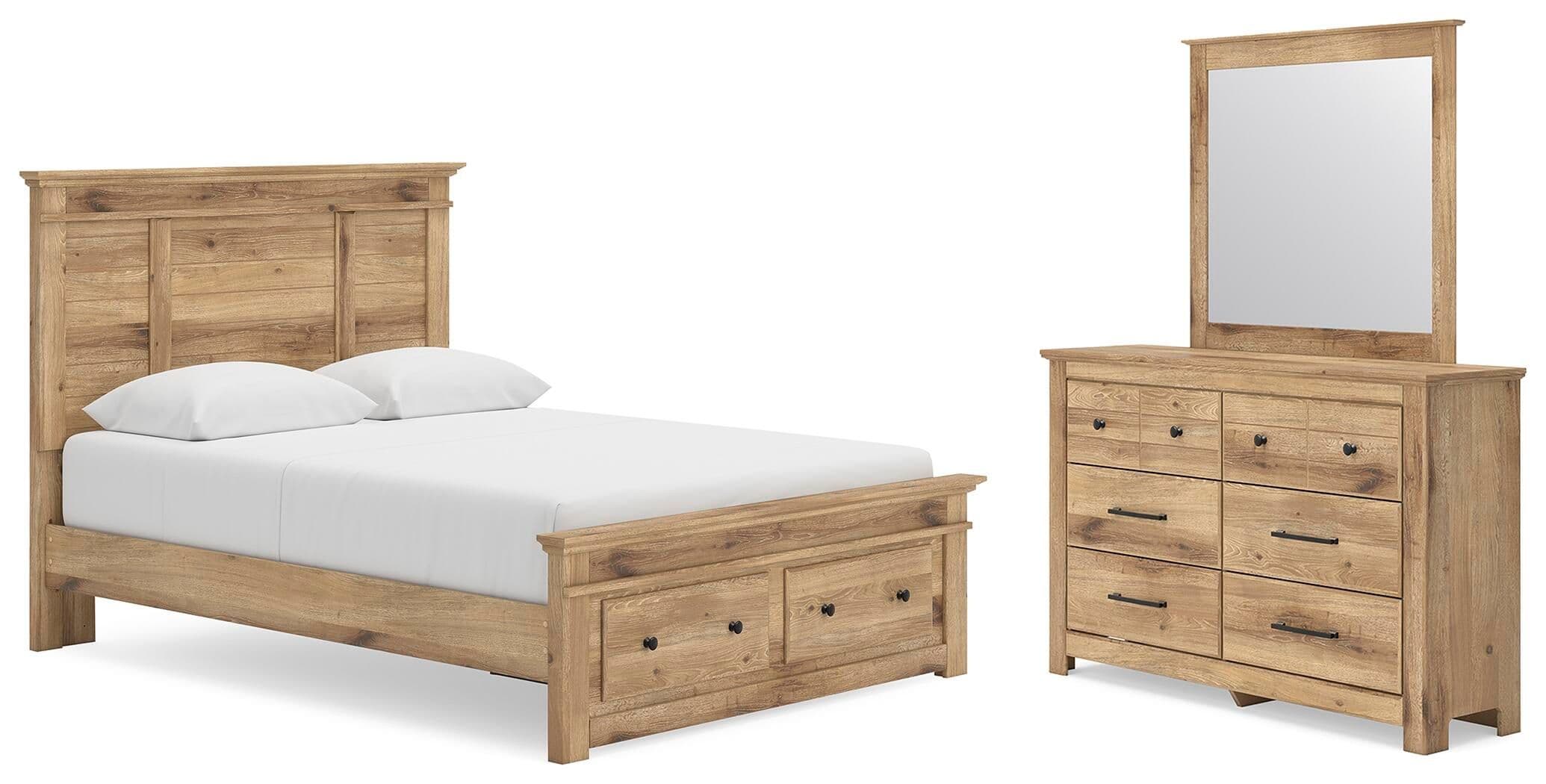 Queen Panel Storage Bed, Dresser And Mirror · Tan