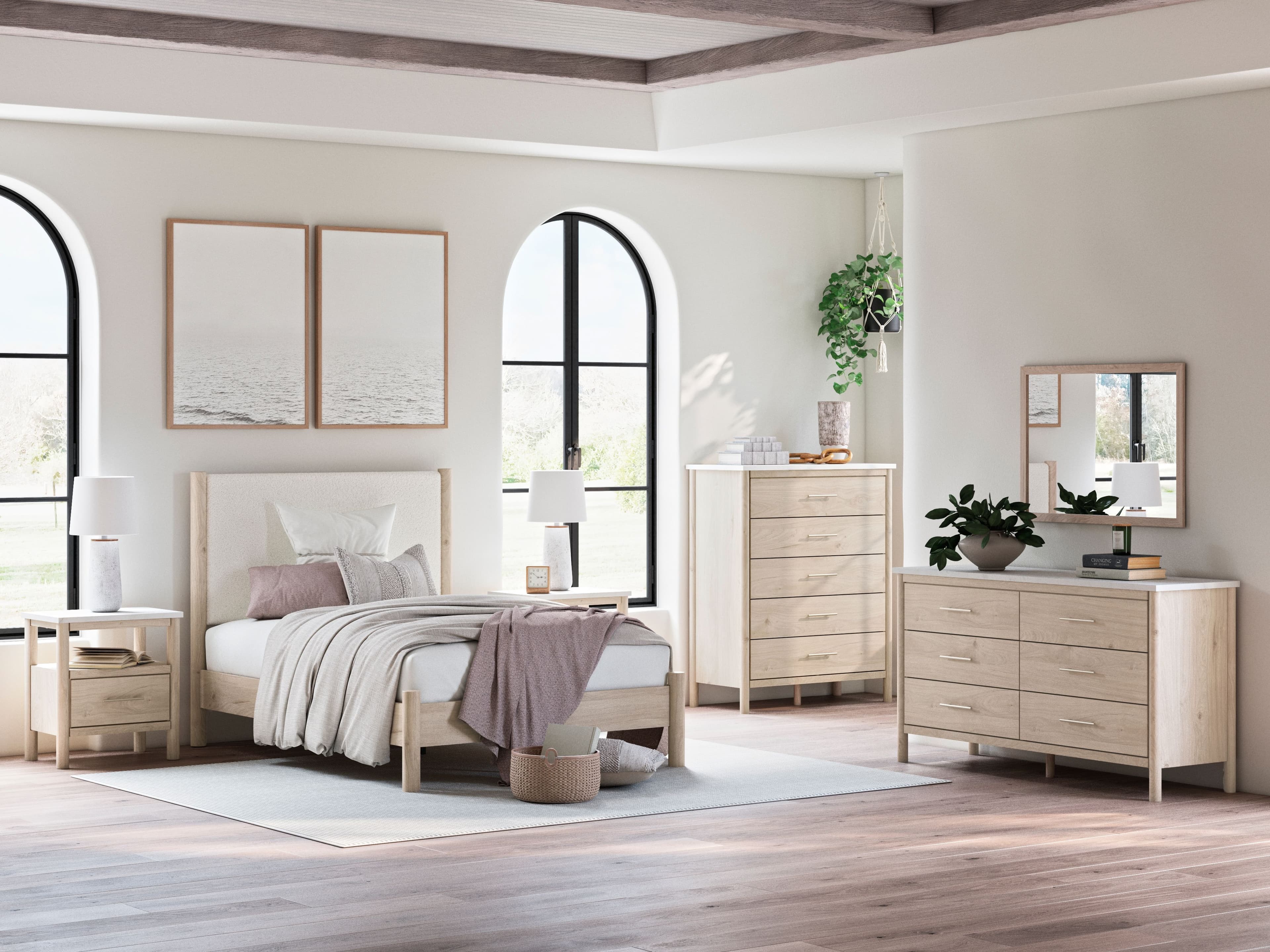 8 Pc. · Dresser, Mirror, Chest, Full Upholstered Panel Bed, 2 Nightstands