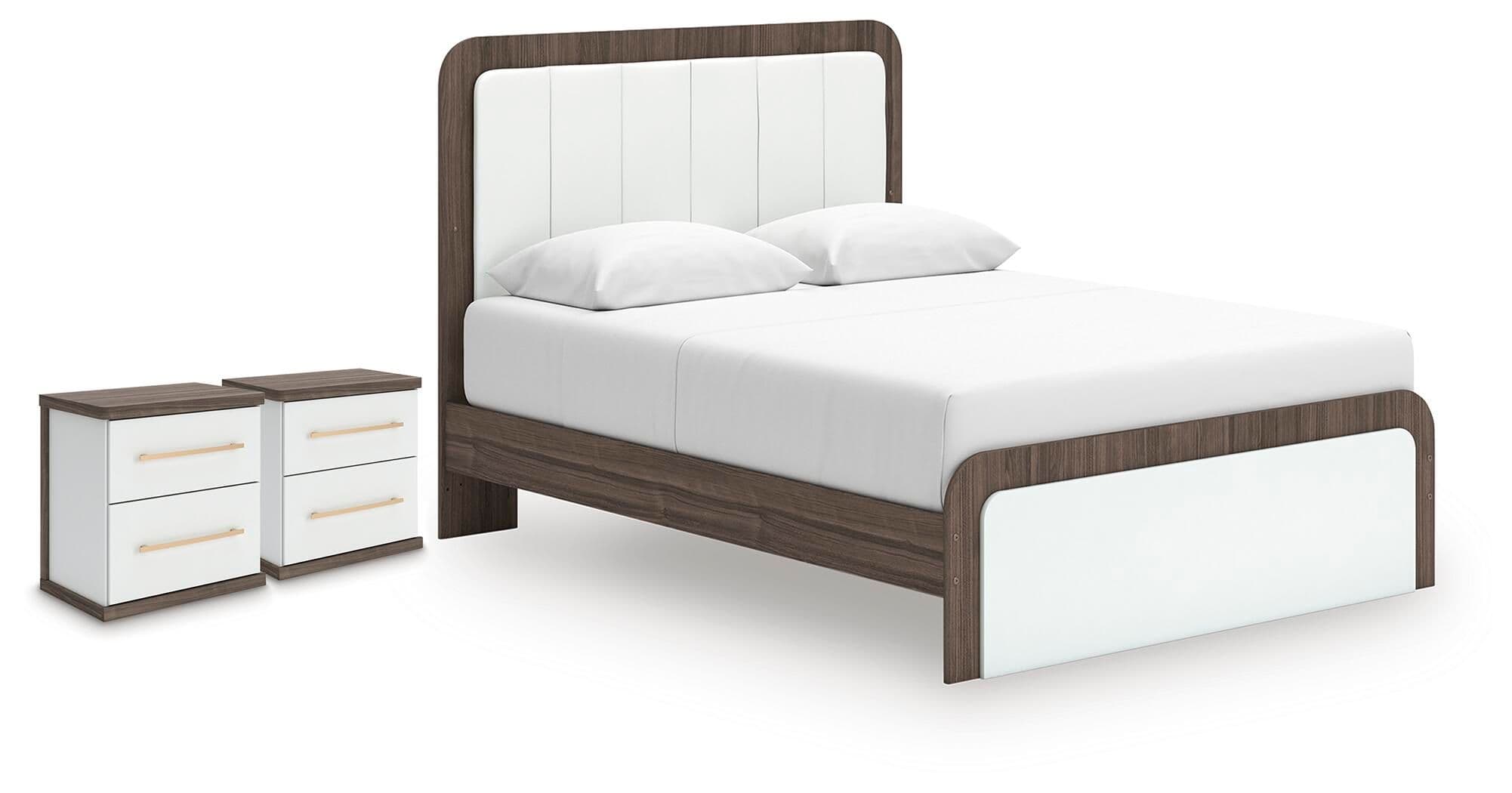 3 Pc. · Queen Upholstered Bed And 2 Nightstands · Brown / White