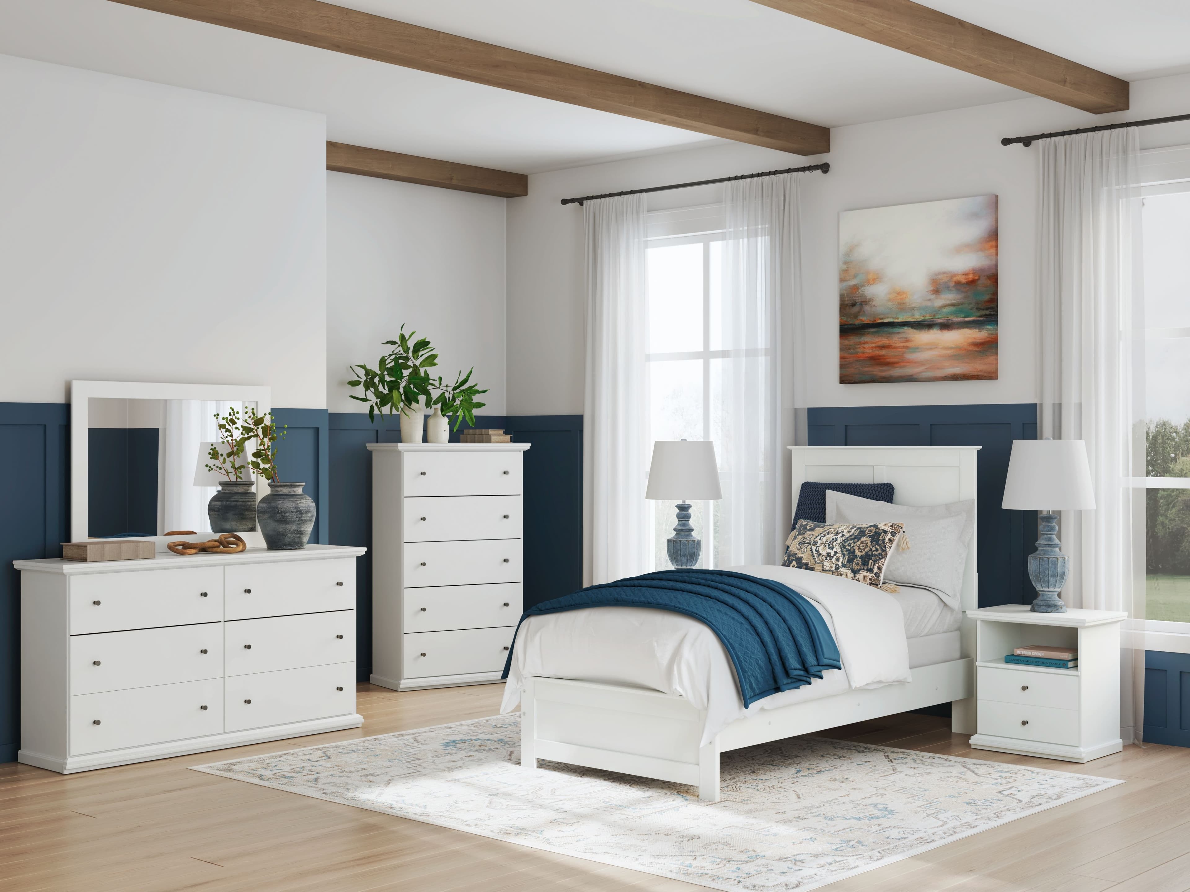 Bostwick Shoals - 4 Pc. - Dresser, Mirror, Twin Panel Bed With Framed Footboard - White