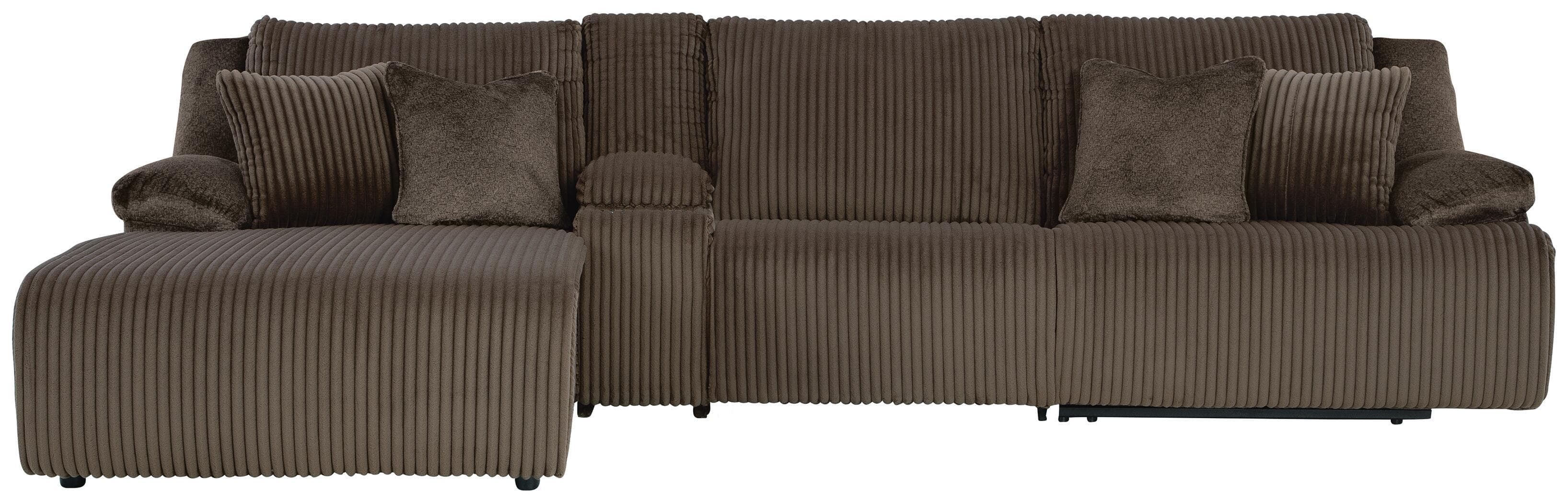 4-Piece Reclining Sectional With Laf Press Back Chaise, Armless Chair And Storage Console · Chocolate