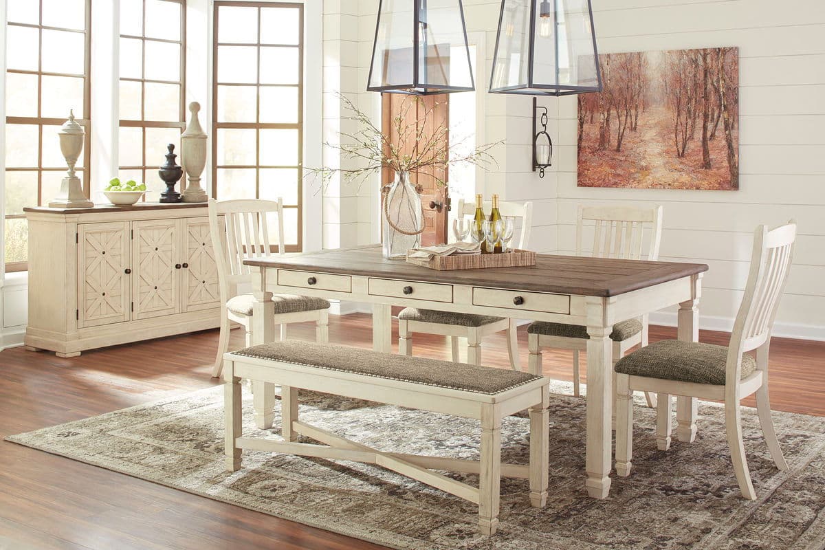 7 Pc. · Dining Room Table, 4 Side Chairs, Bench, Server