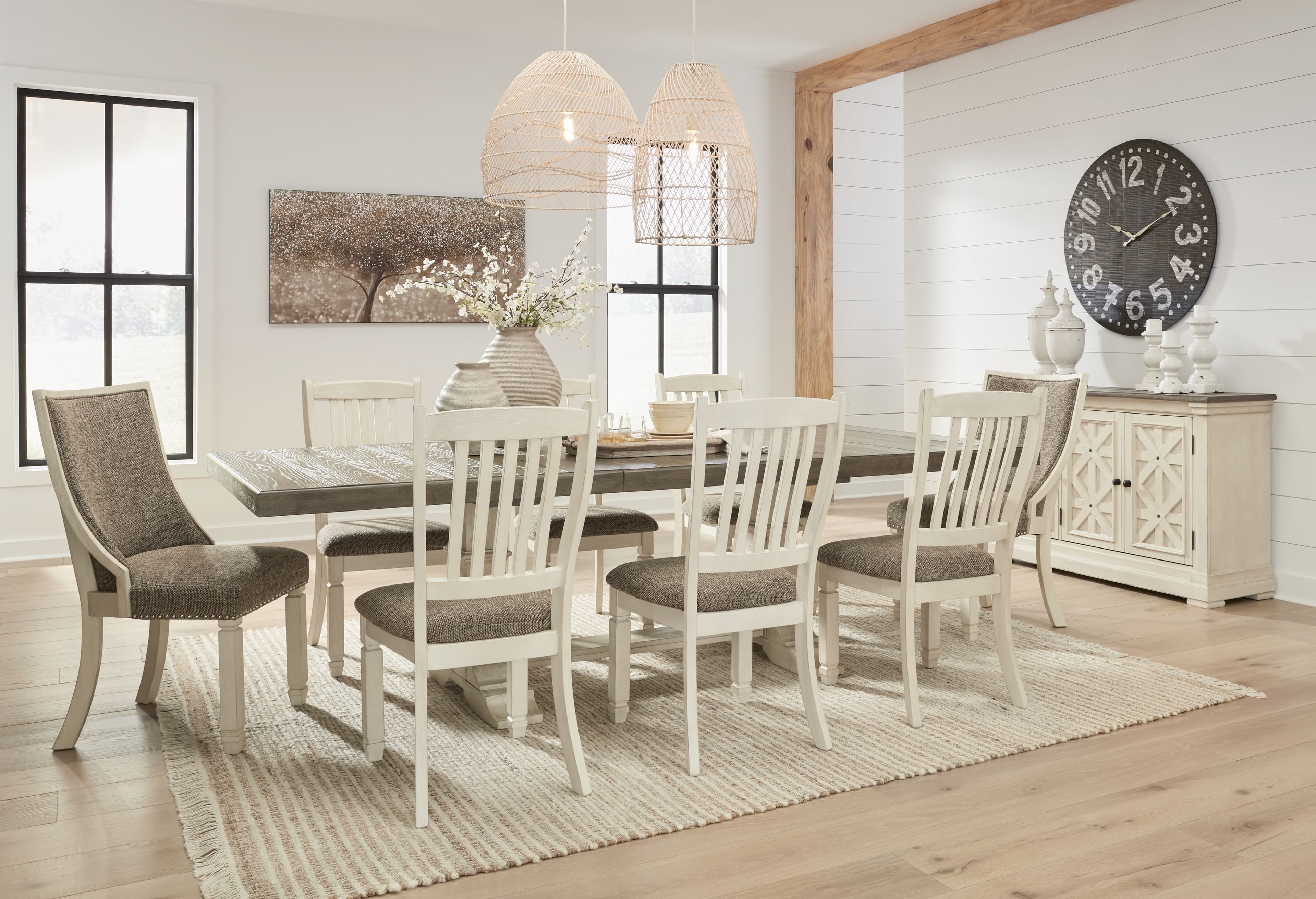 12 Pc. · Dining Table, 4 Side Chairs, 2 UPH Side Chairs, Bench, Server, 2 Cabinets