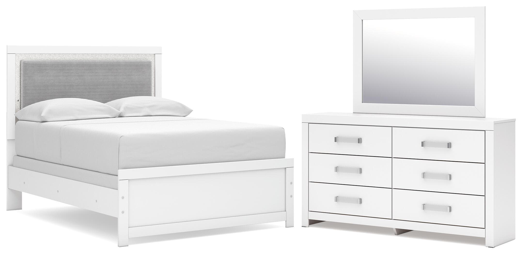 Maeling - 3 Pc. - Full Upholstered Panel Bed, Dresser And Mirror - White