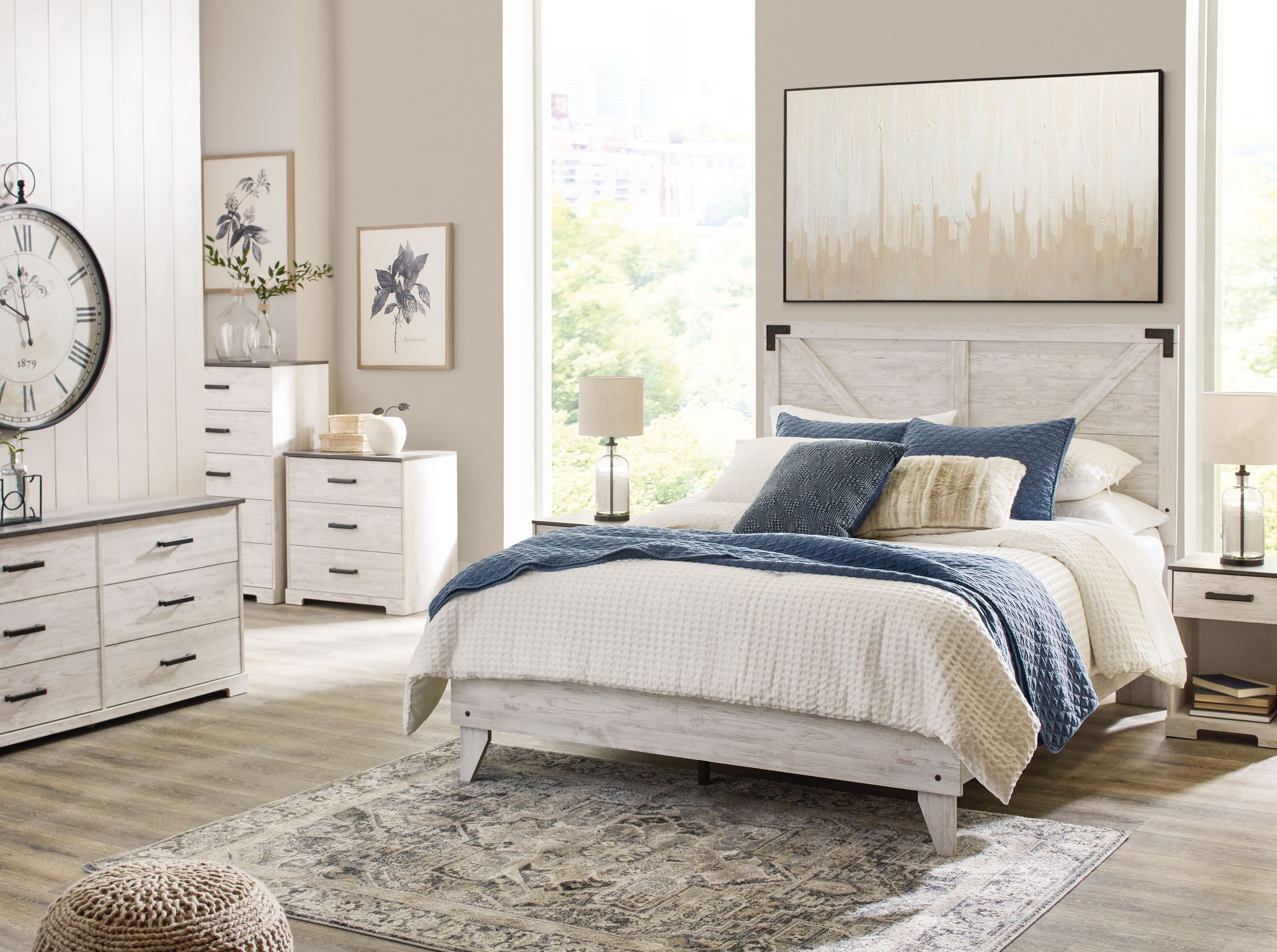 Shawburn - 3 Piece - Dresser, Full Panel Platform Bed - White / Black / Gray