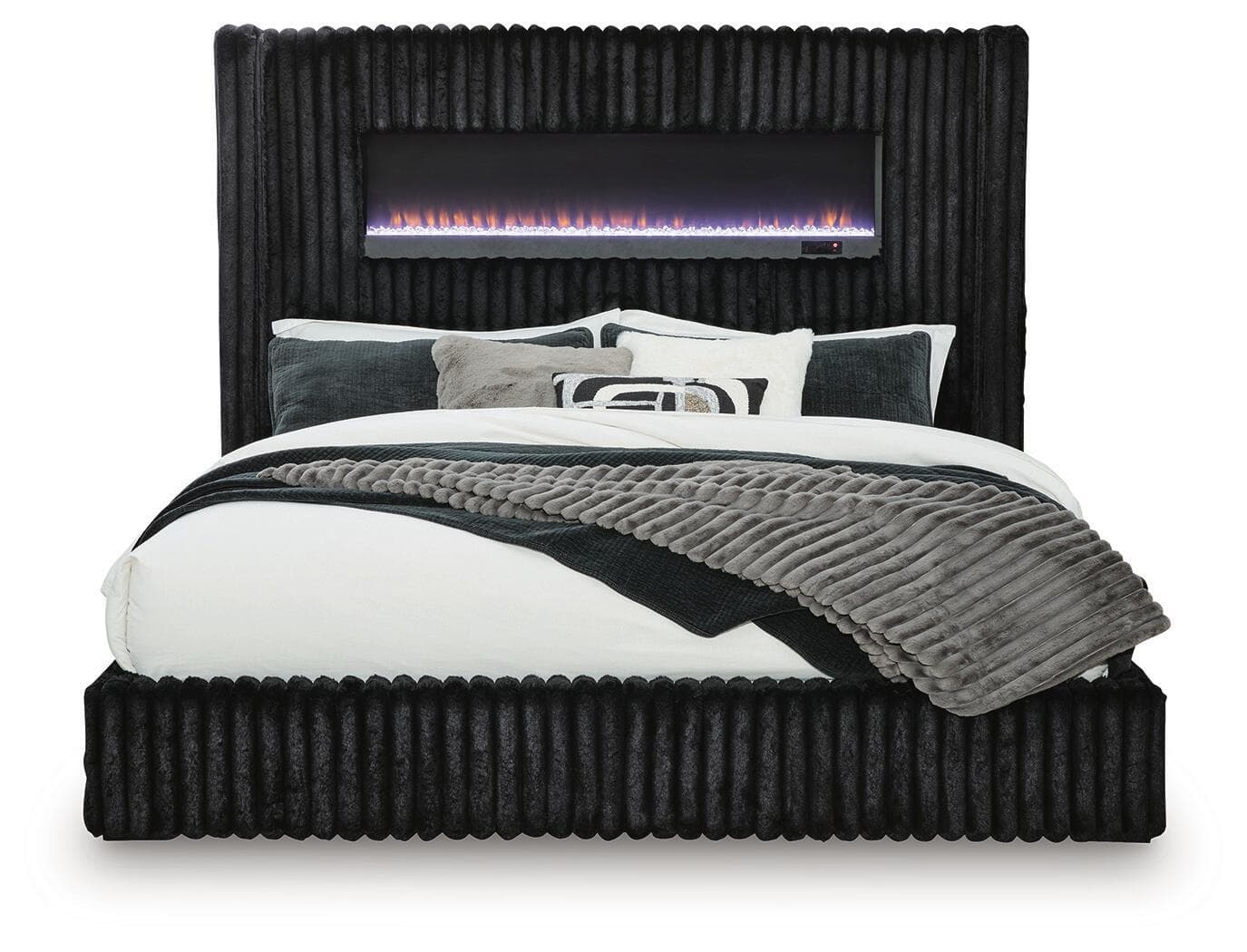King Upholstered Bed With Fireplace And Wireless Audio