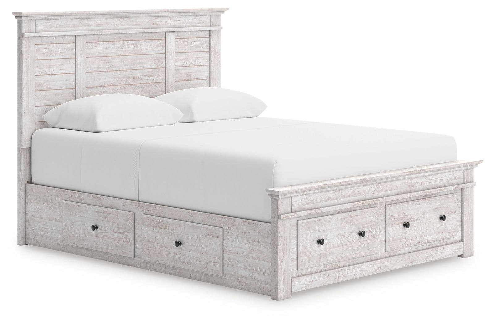 Queen Panel Storage Bed With Under Bed Storage Unit And Storage Footboard · Whitewash