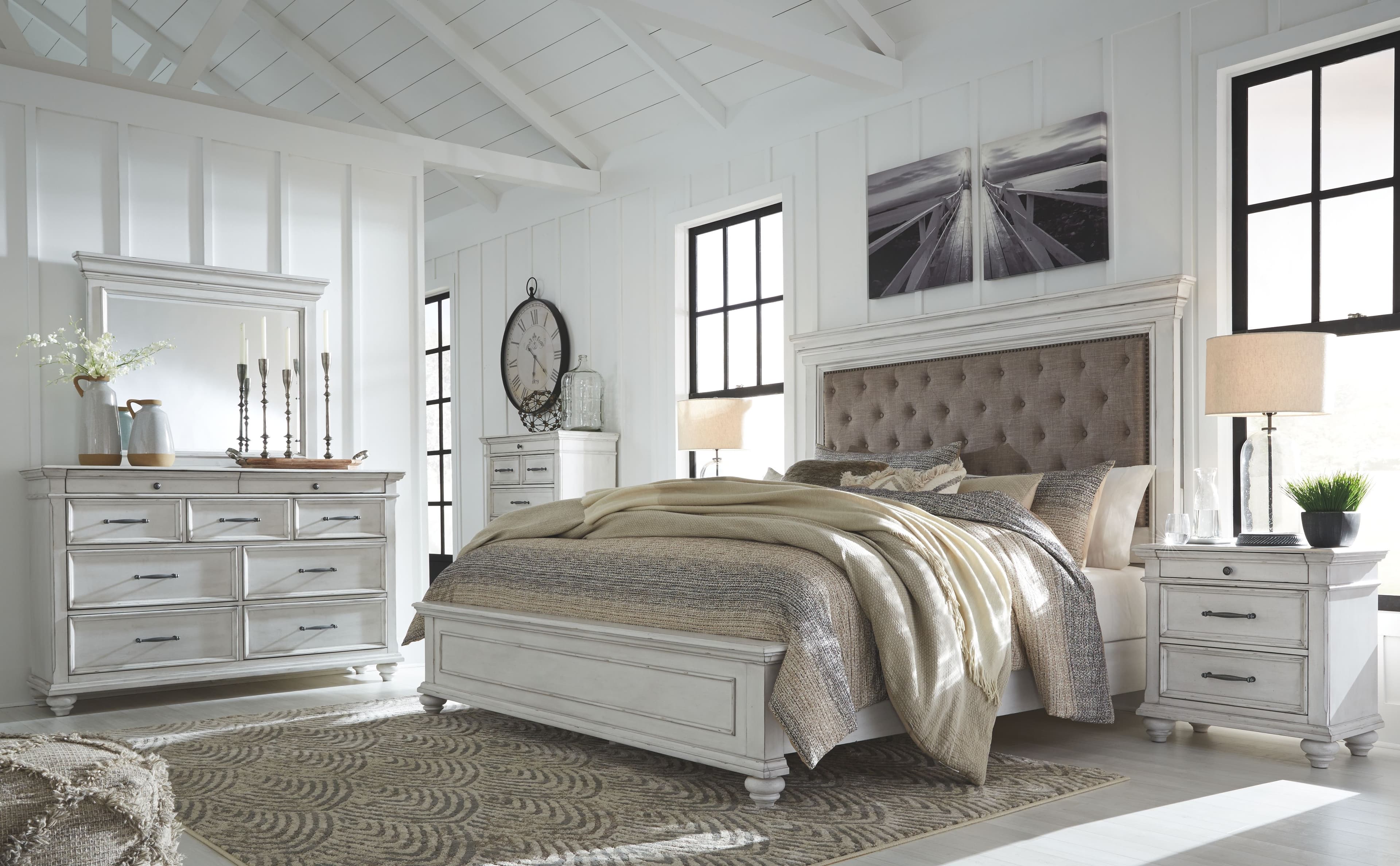 8 Pc. · Dresser, Mirror, Chest, King Upholstered Panel Bed, 2 Nightstands