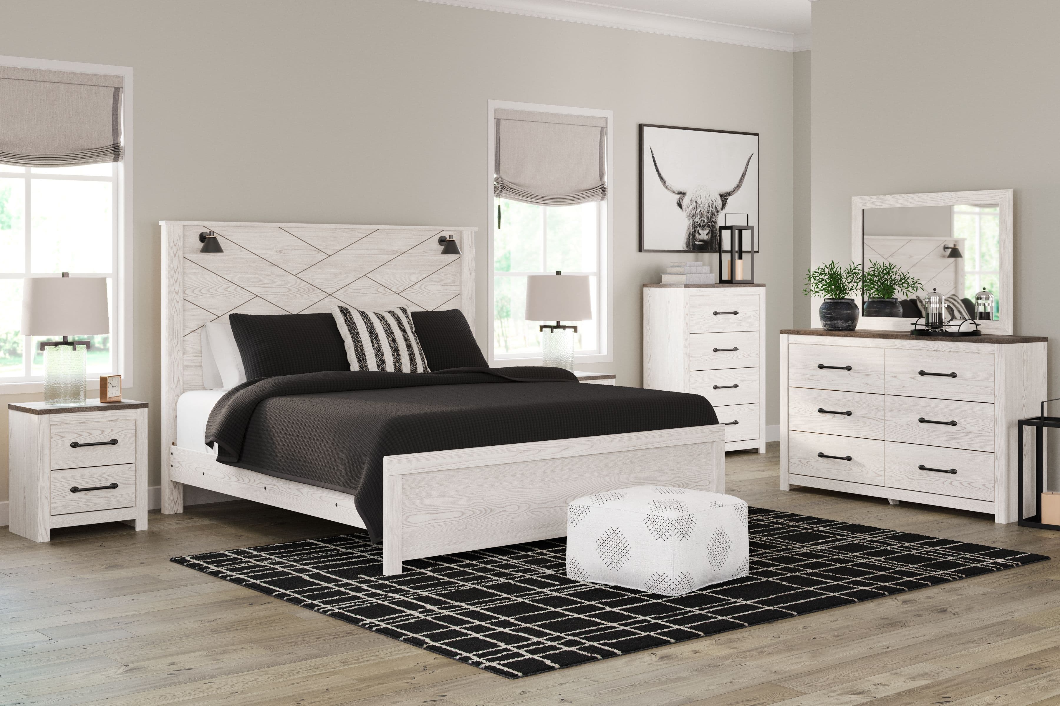 6 Pc. · Dresser, Mirror, Chest, King Panel Bed with Sconces