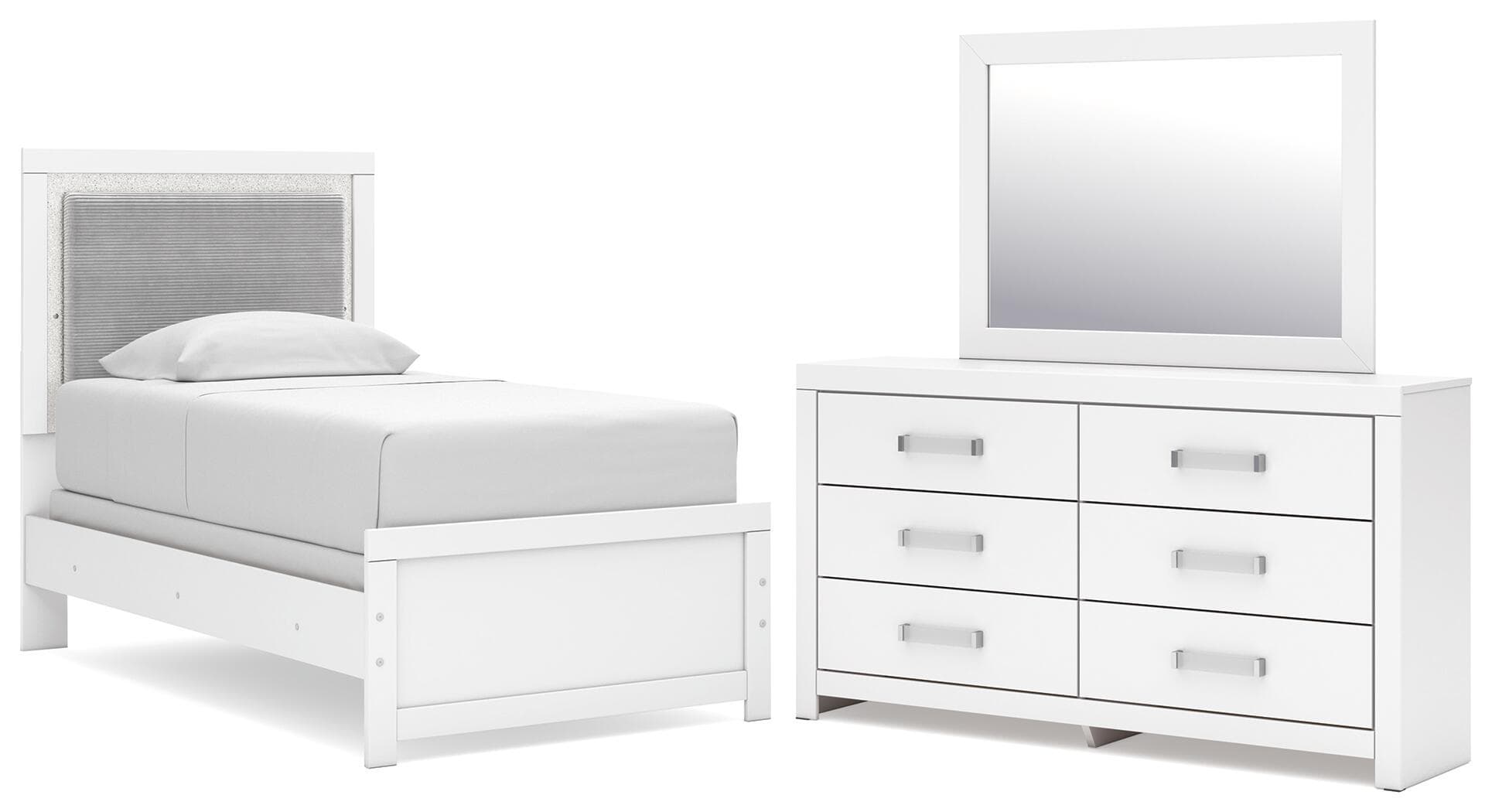 Maeling - 3 Pc. - Twin Upholstered Panel Bed, Dresser And Mirror - White