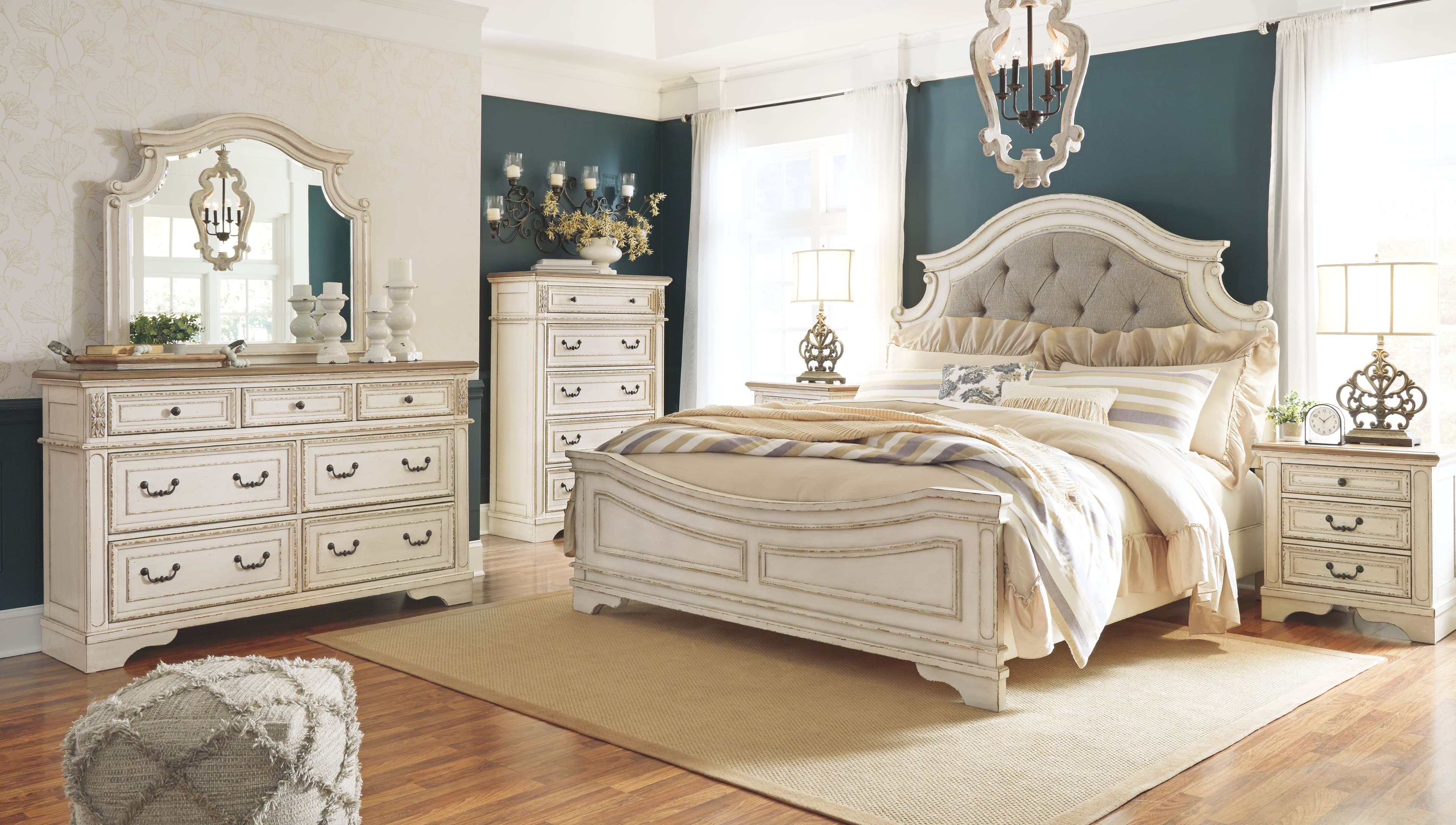 7 Pc. · Dresser, Mirror, King Upholstered Panel Bed, 2 Nightstands