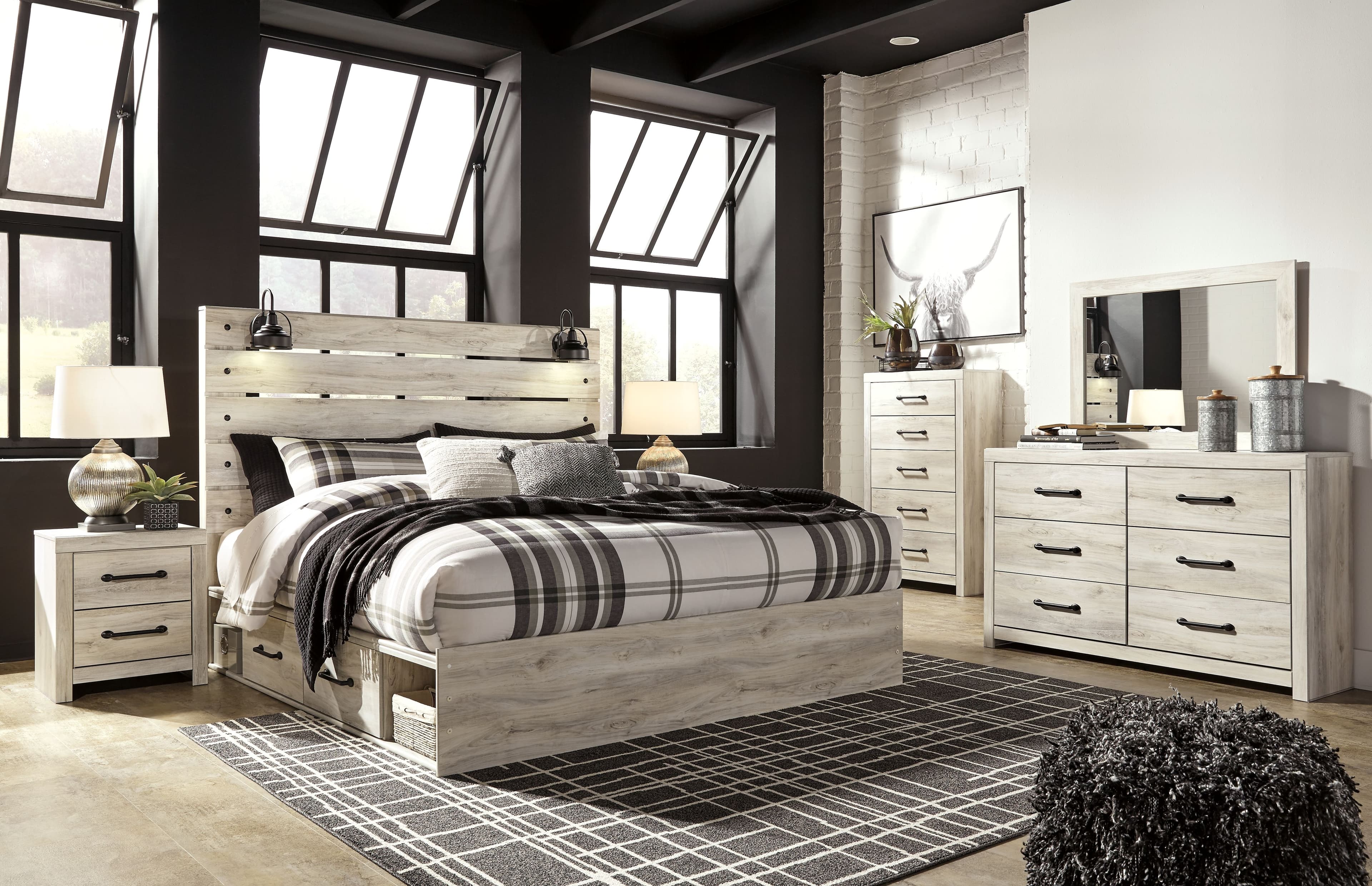 9 Pc. · Dresser, Mirror, Chest, King Panel Bed with Side Storage Drawers, 2 Nightstands