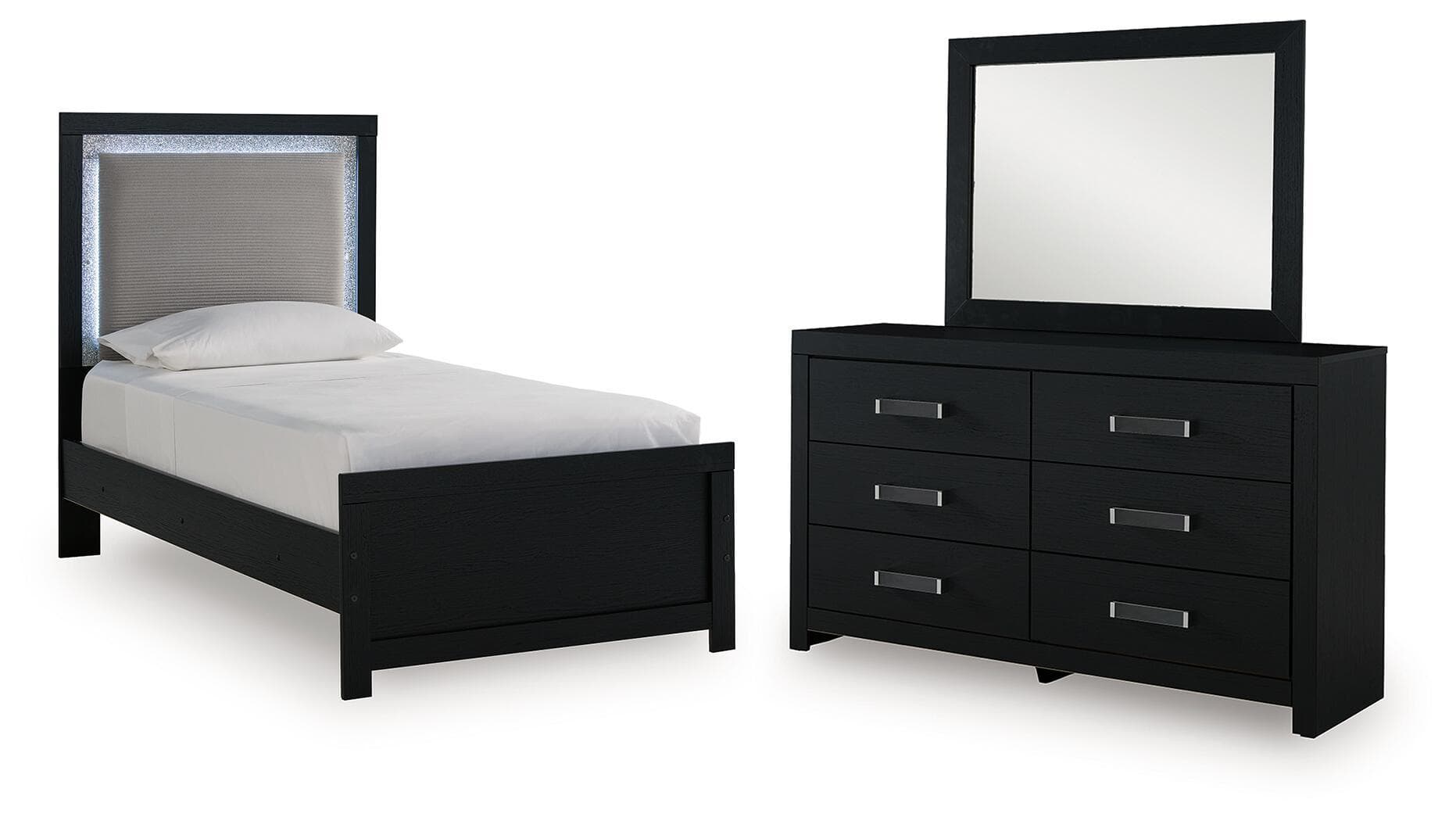 3 Pc. · Twin Upholstered Panel Bed, Dresser And Mirror · Black