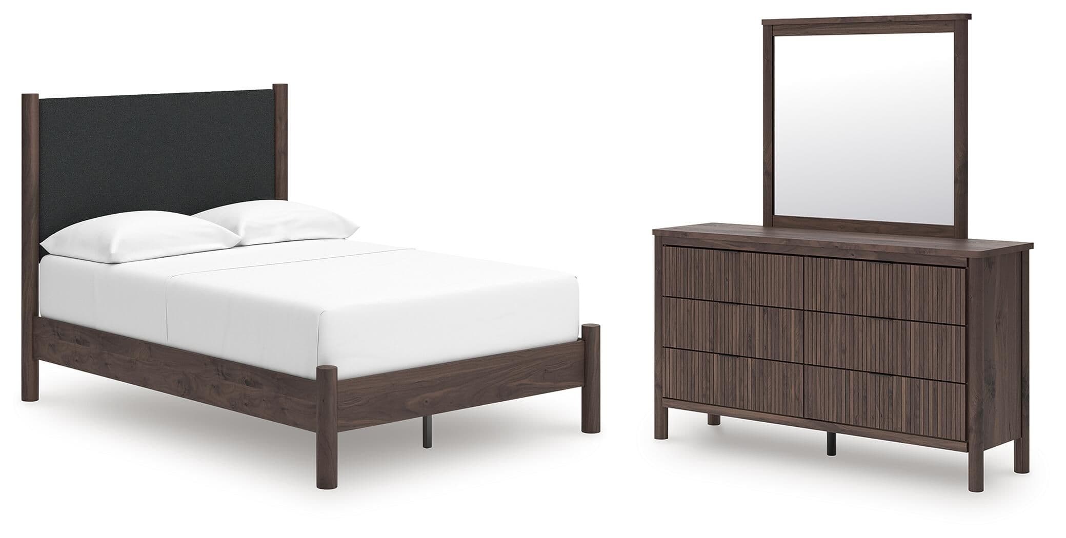 Pamytta - 3 Pc. - Full Upholstered Platform Bed, Dresser And Mirror - Brown