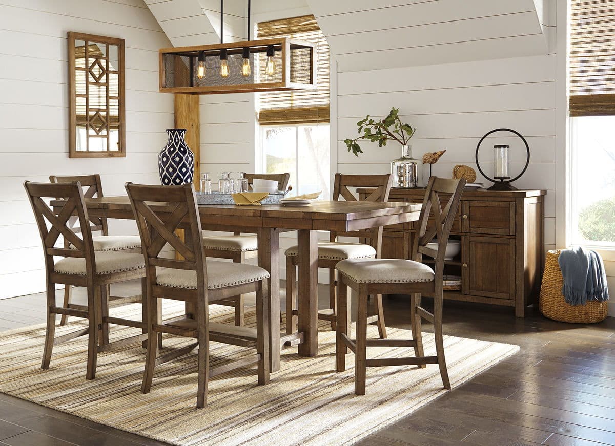 Moriville - 8 Pc. - Counter Extension Table, 6 Barstools, Server - Dark Gray