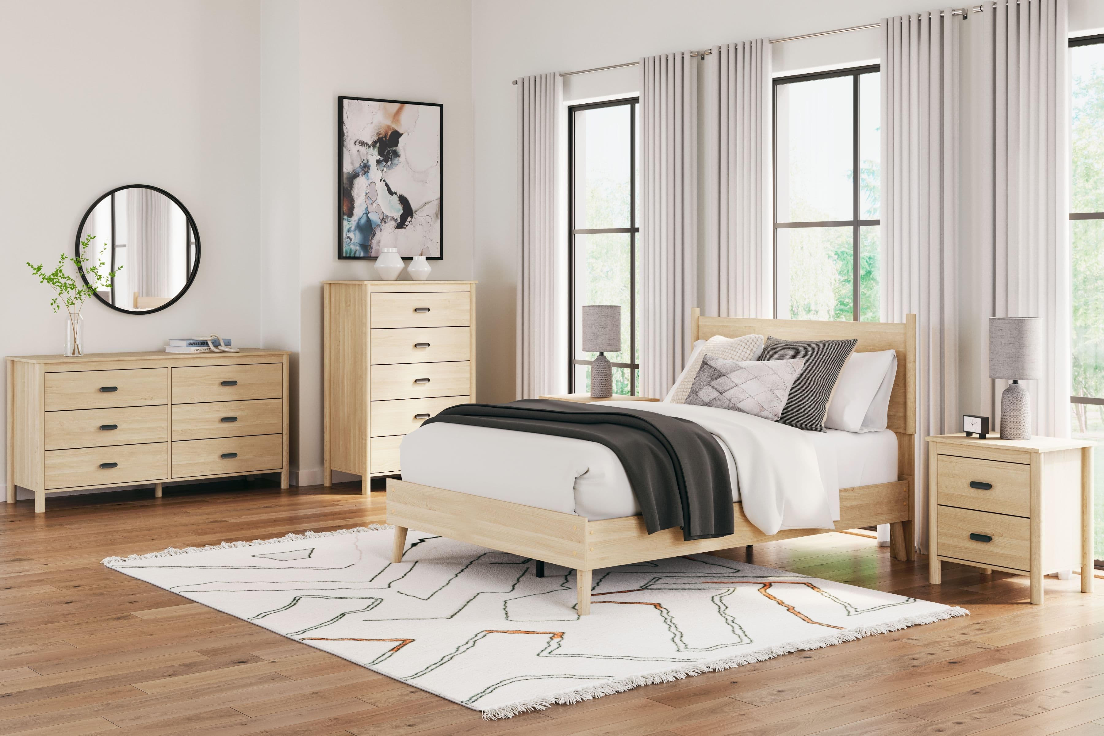 Cabinella - 6 Pc. - Dresser, Chest, Full Platform Panel Bed, 2 Nightstands - Tan