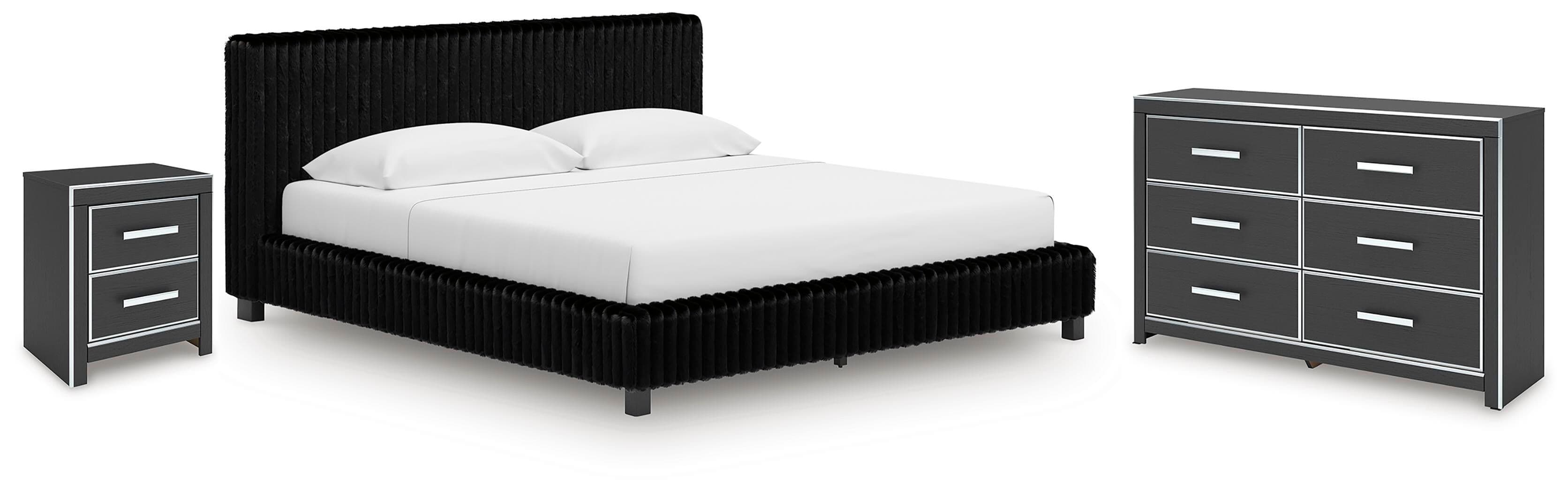 3 Pc. · King Upholstered Bed, Dresser And Nightstand · Black