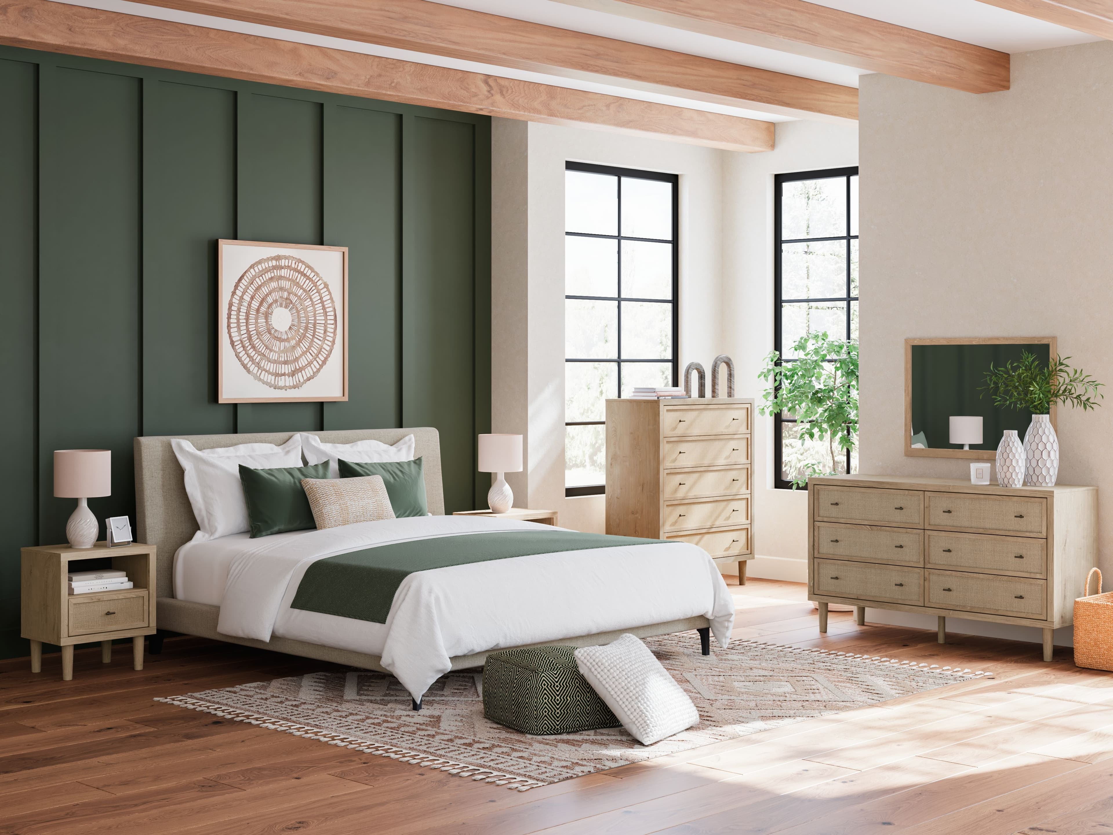 4 Pc. · Dresser, Mirror, Chest, King Upholstered Bed With Roll Slats