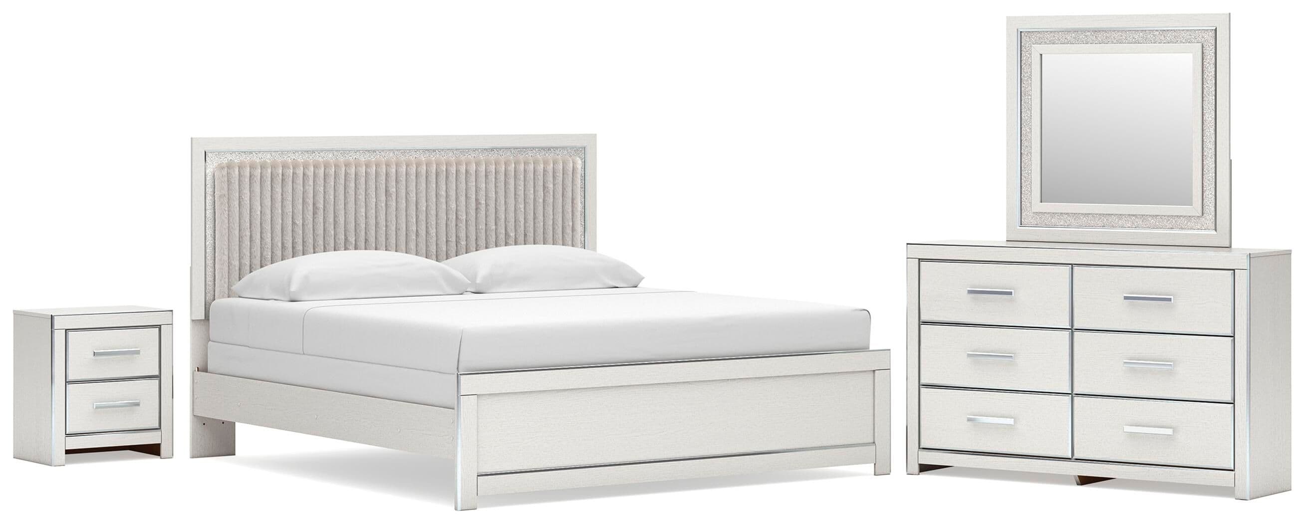 4 Pc. · King Upholstered Panel Bed, Dresser, Mirror And Nightstand · White