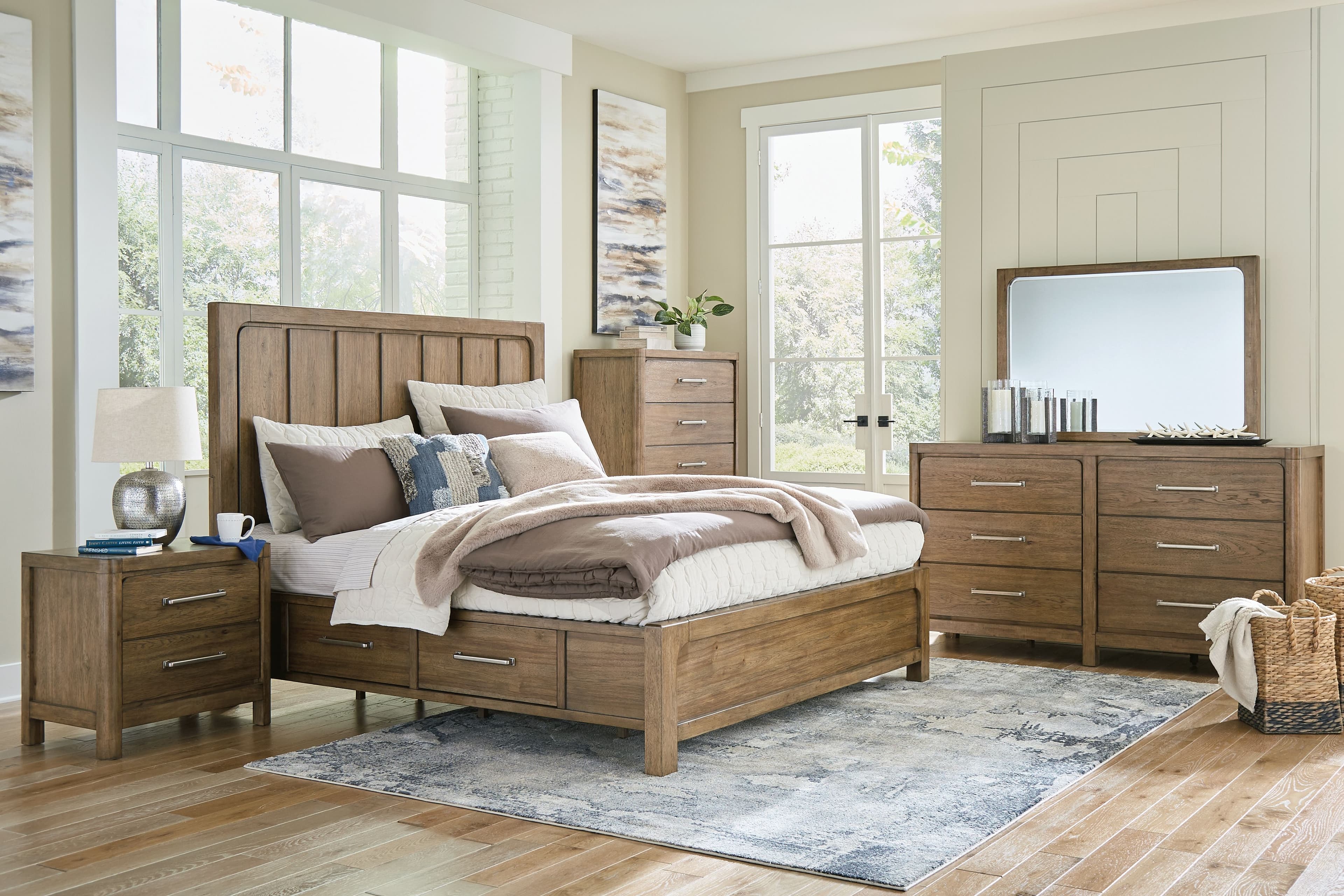 9 Pc. · Dresser, Mirror, Chest, California King Panel Bed With Storage, 2 Nightstands