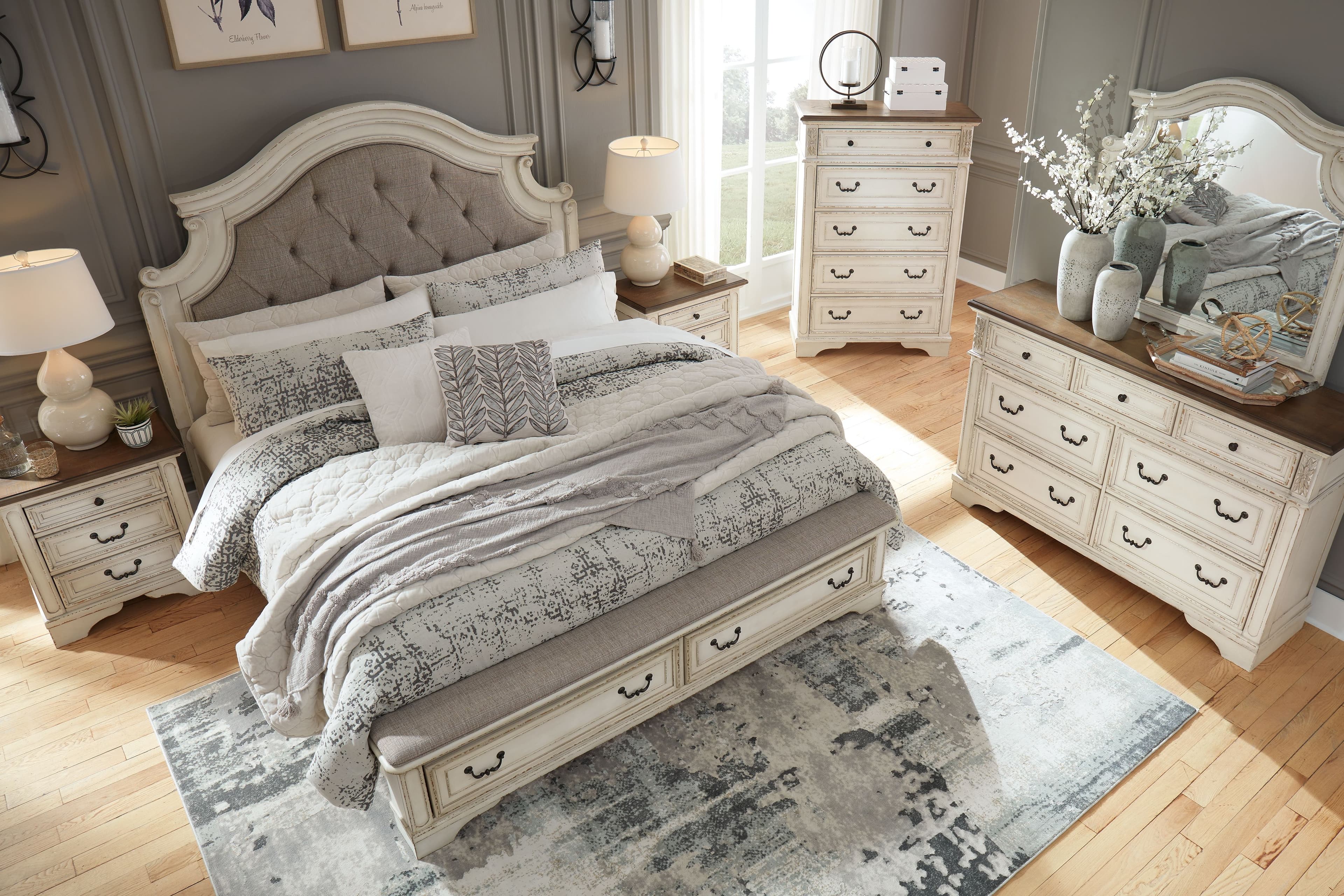 6 Pc. · Dresser, Mirror, Chest, Queen Upholstered Bed · Two-tone