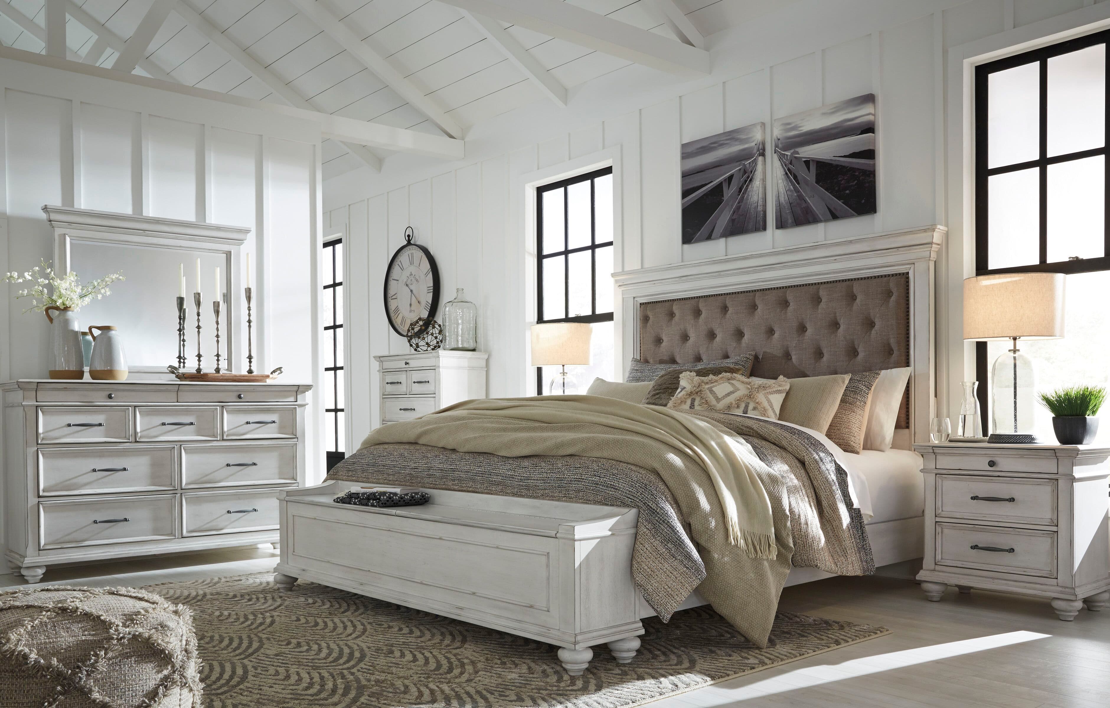7 Pc. · Dresser, Mirror, King Upholstered Bed with Storage Bench, 2 Nightstands