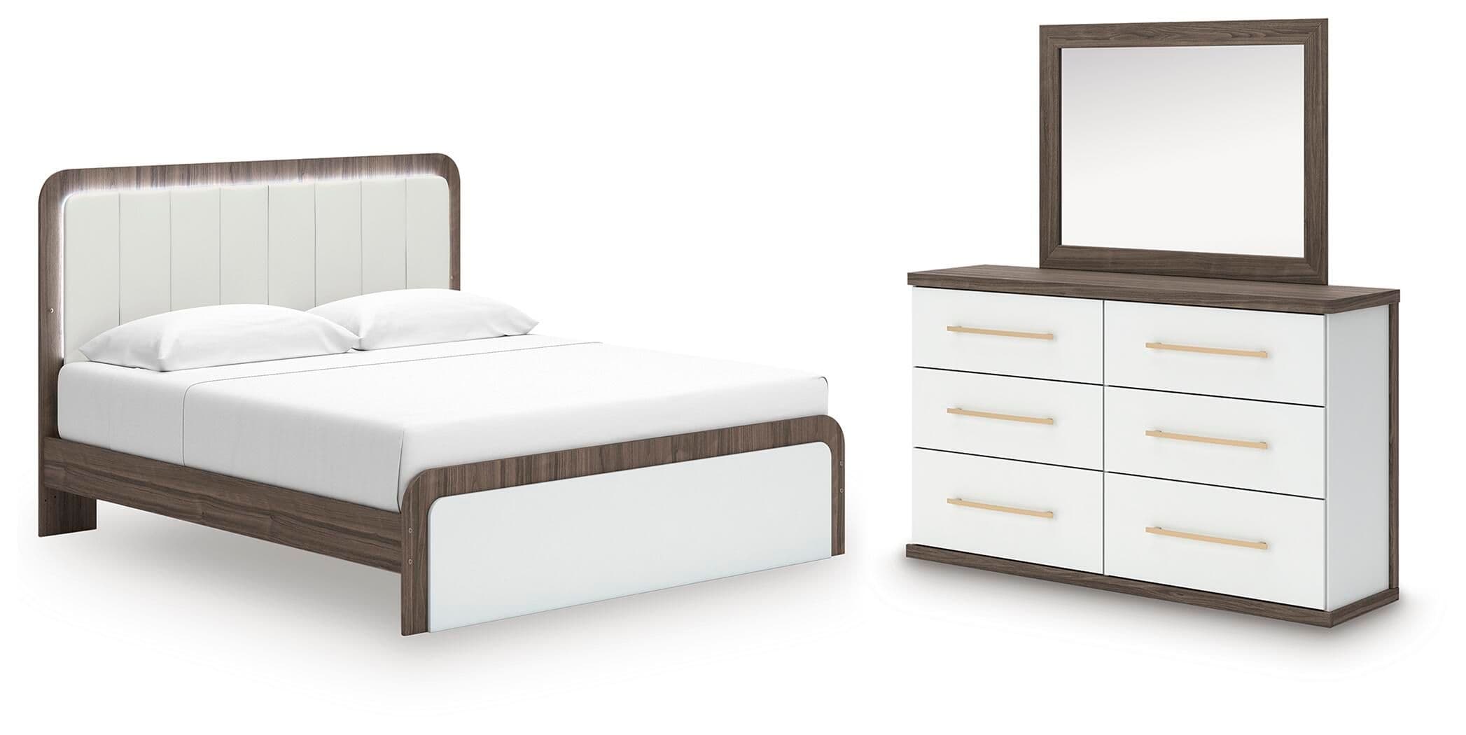 3 Pc. · King Upholstered Bed, Dresser And Mirror · Brown / White