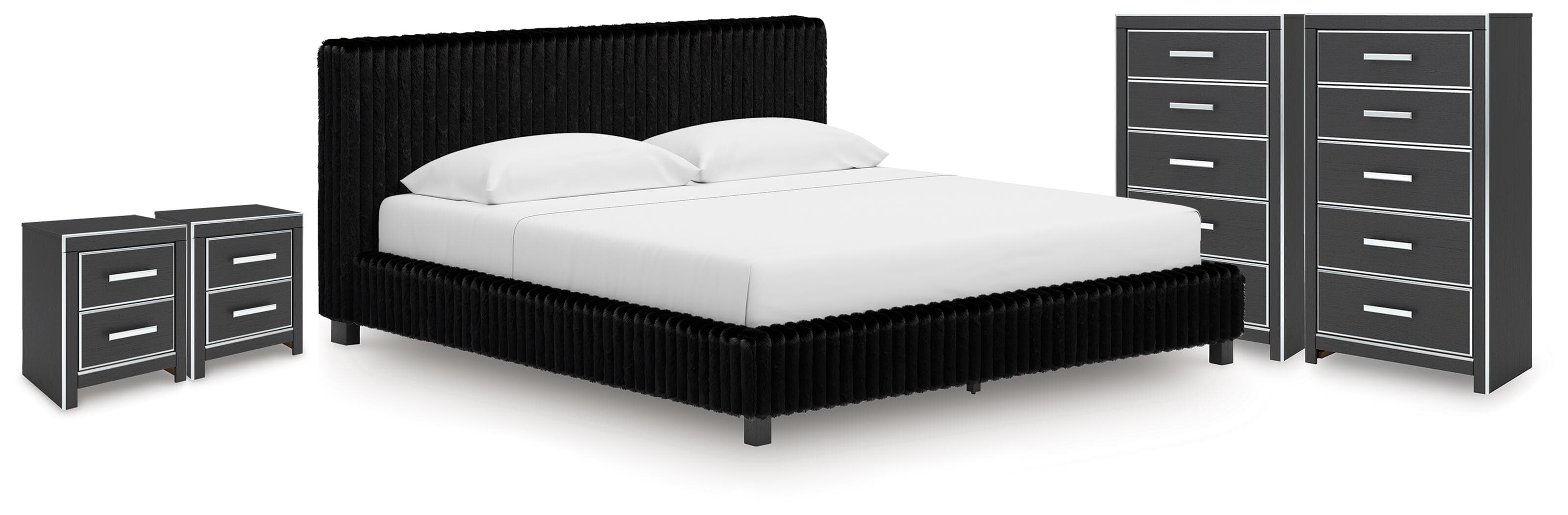 5 Pc. · King Upholstered Bed, 2 Chests And 2 Nightstands · Black