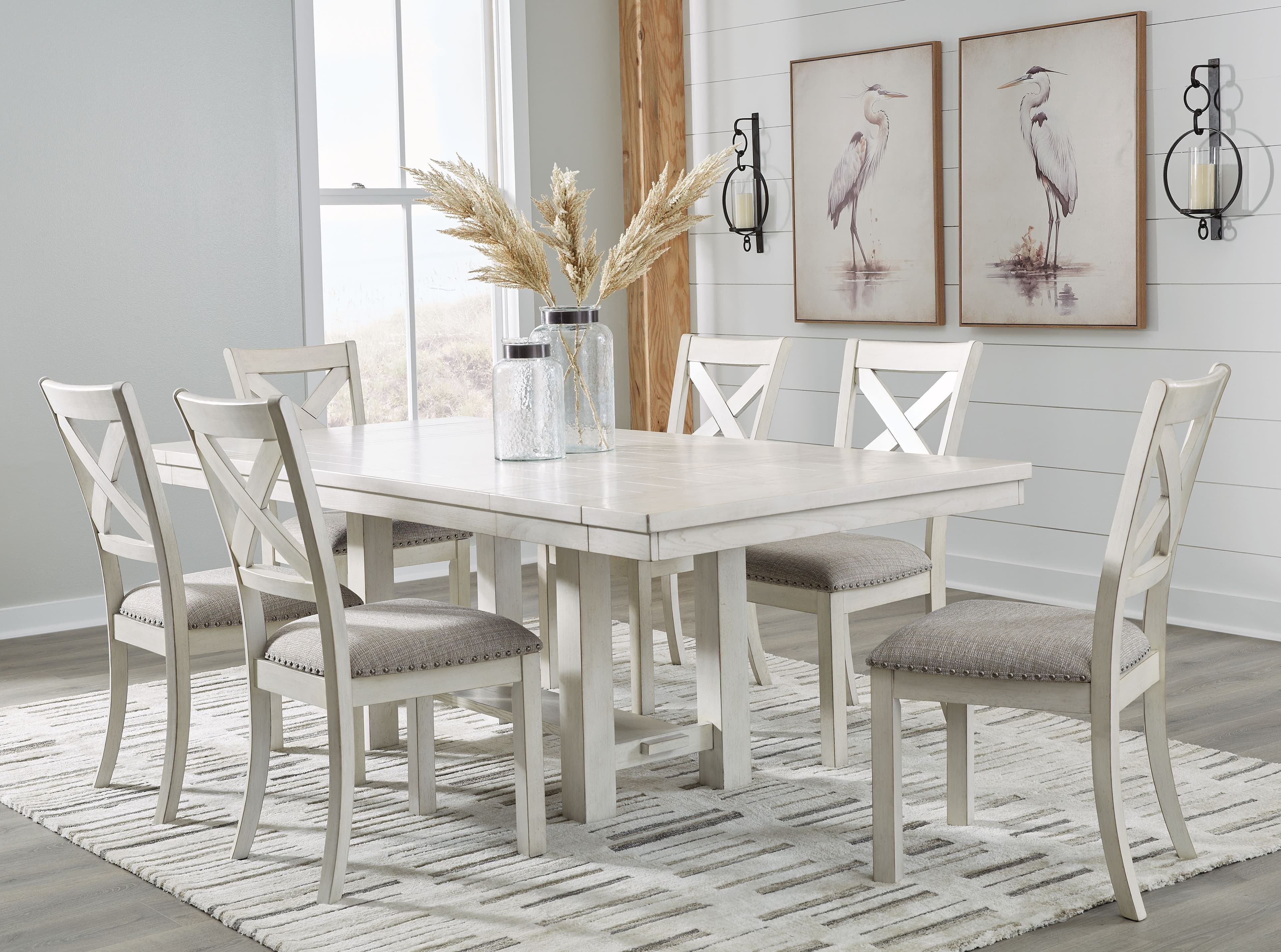 Rectangular Dining Room Extension Table, 6 Upholstered Side Chairs