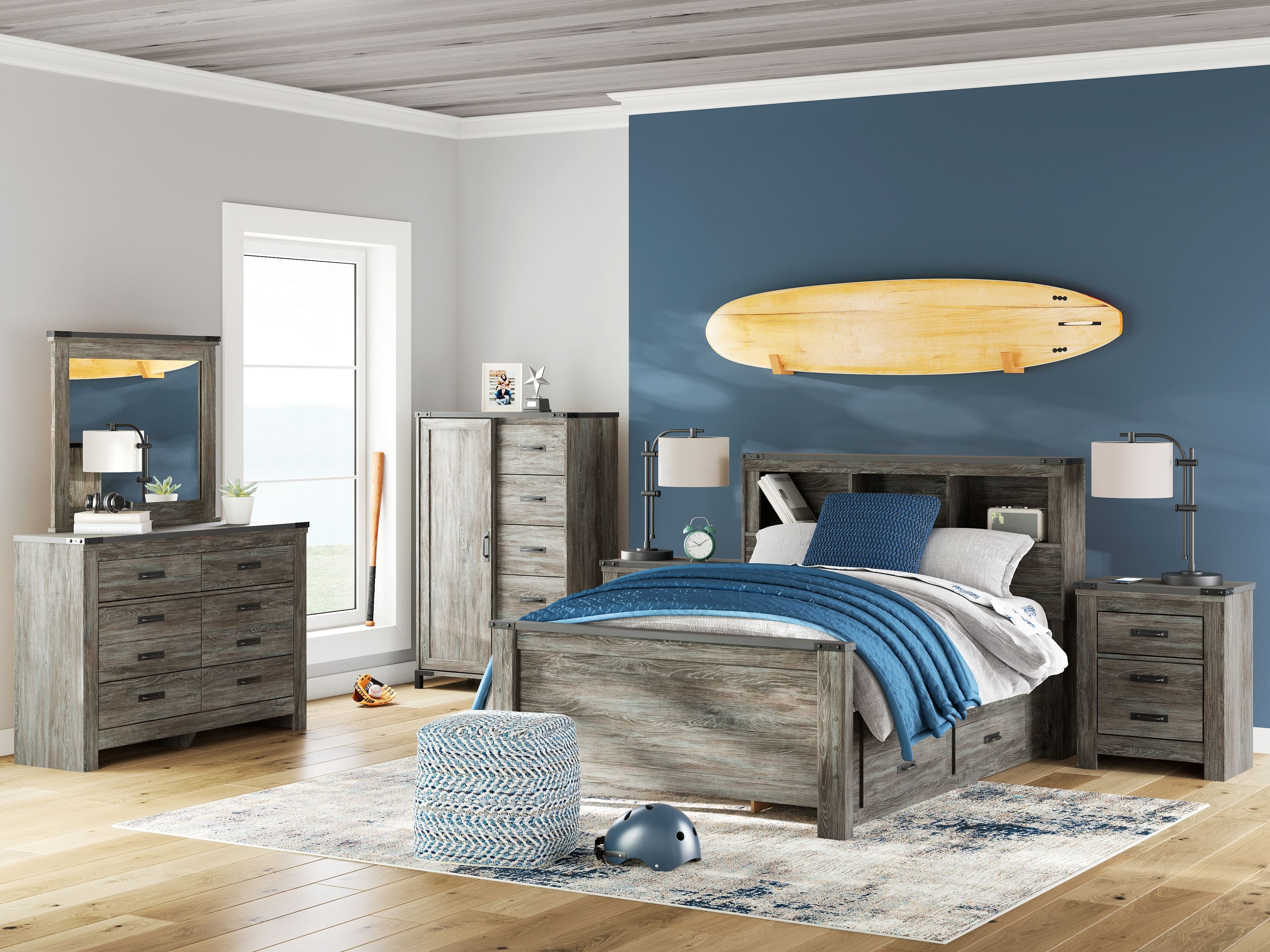 7 Pc. · Dresser, Mirror, Dressing Chest, Full Bookcase Panel Bed With Storage