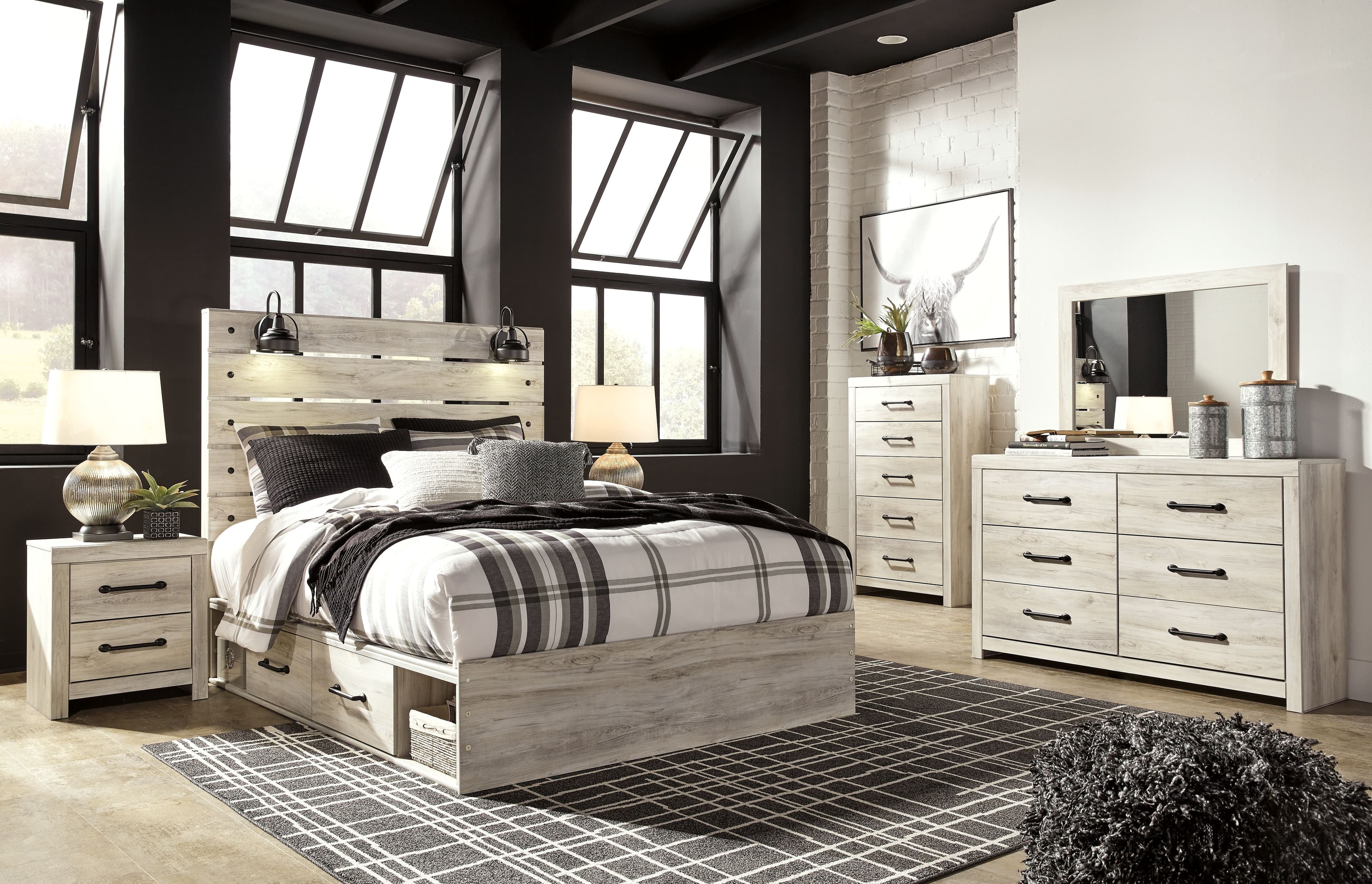 9 Pc. · Dresser, Mirror, Chest, Queen Panel Bed with Side Storage Drawers, 2 Nightstands