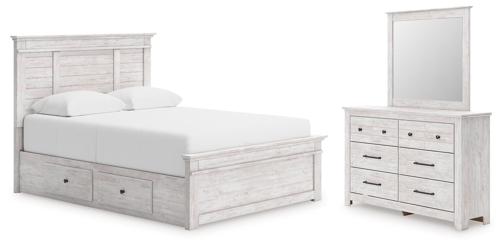Queen Panel Bed With 2 Under Bed Storage Units, Dresser And Mirror · Whitewash
